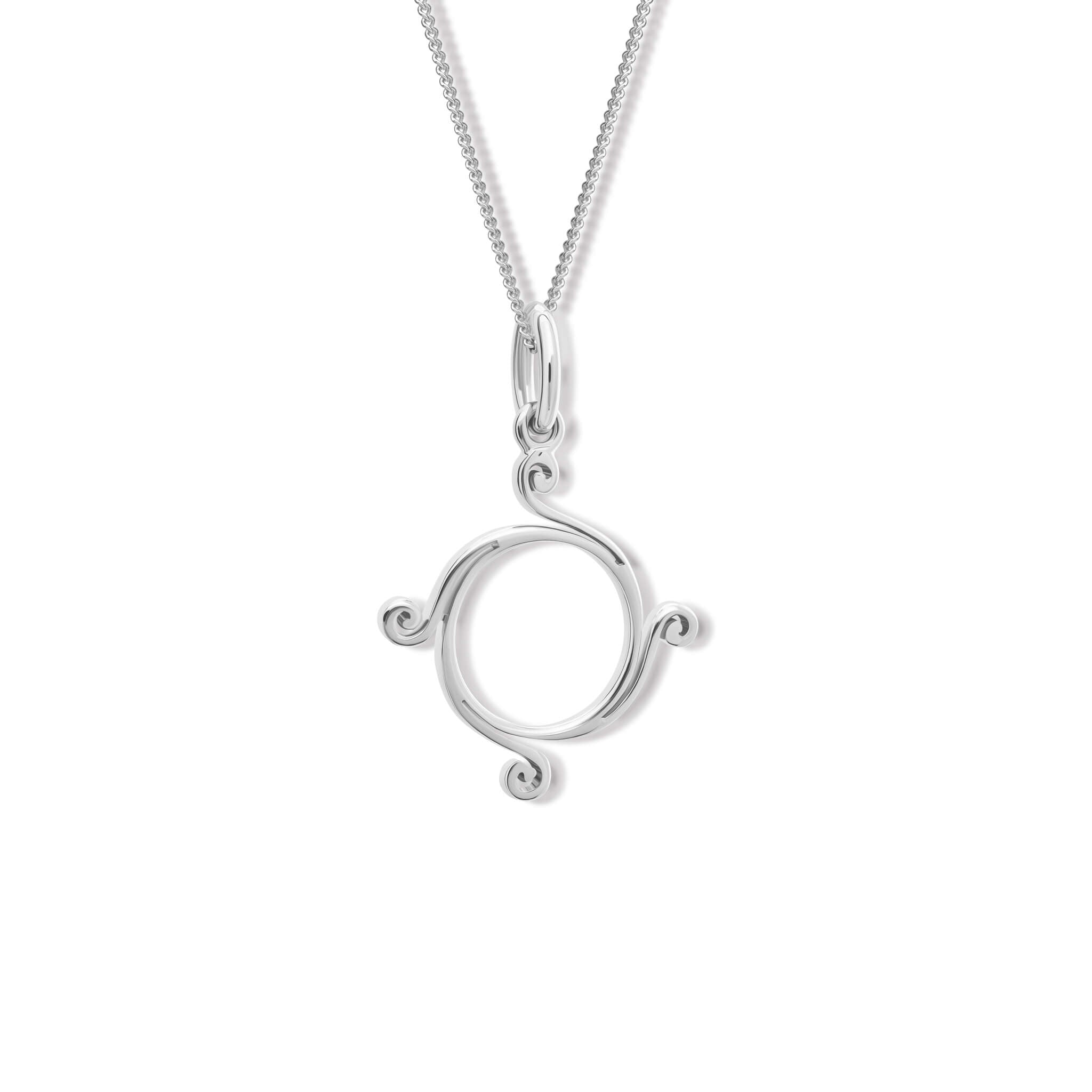 Handcrafted silver small Athena necklace pendant with a circular shape and spiral at four points, hanging on silver chain.