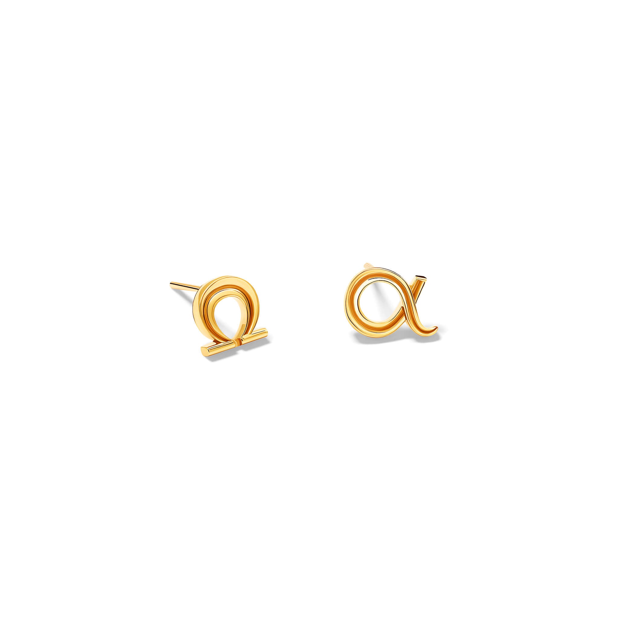 Handcrafted 9ct yellow gold pair of studs: one stud is the shaped of alpha Greek letter and the other omega letter. 