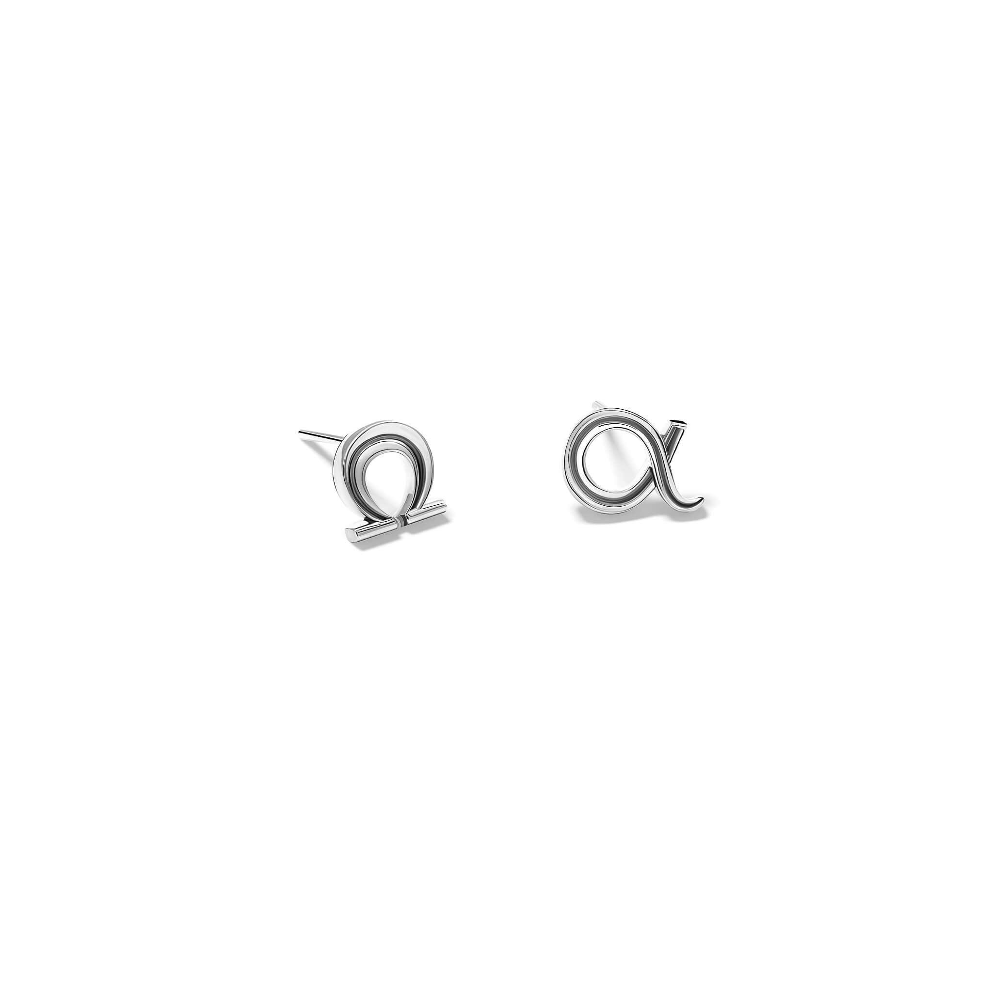 Handcrafted 9ct yellow gold pair of studs: one stud is the shaped of alpha Greek letter and the other omega letter. 