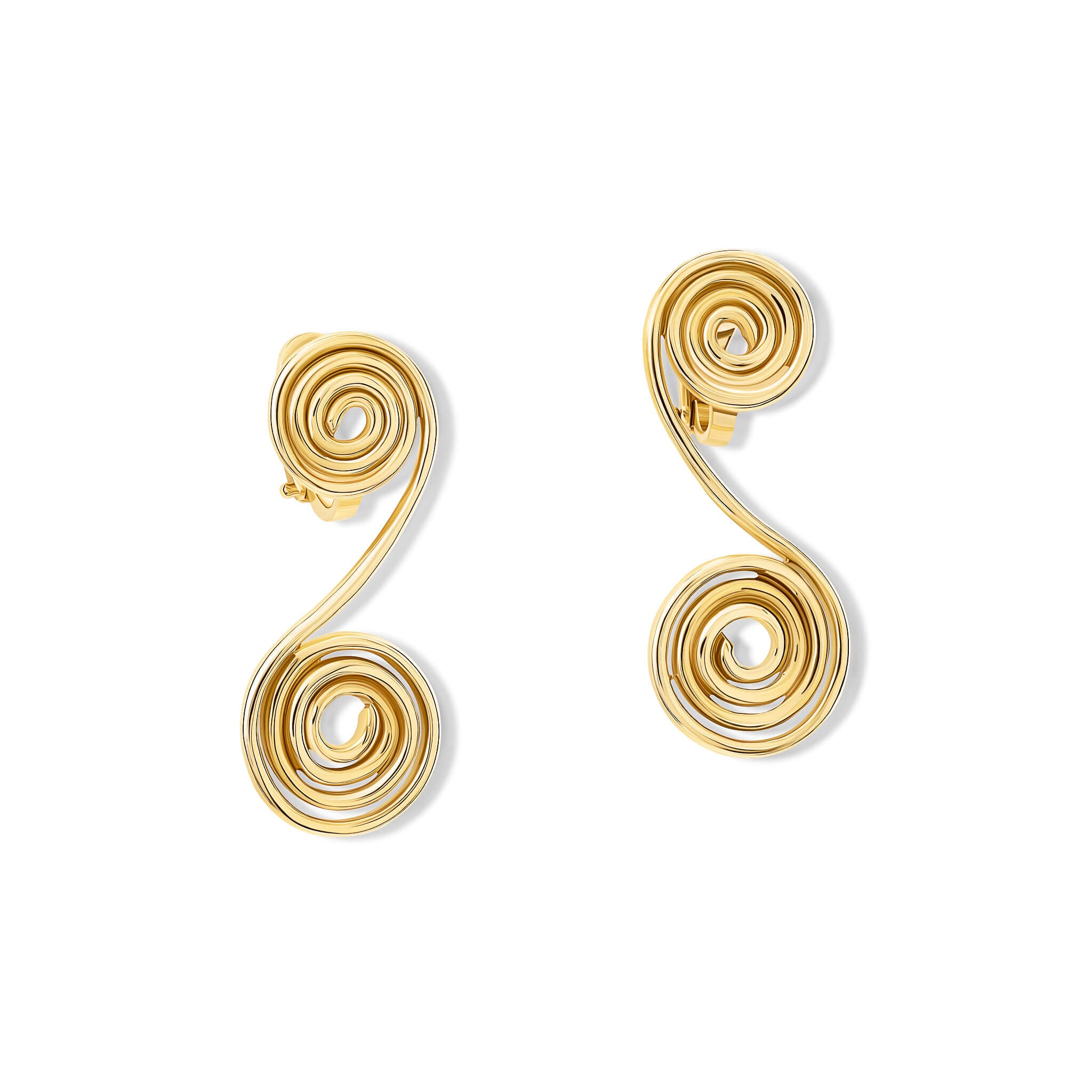 Handcrafted 9ct yellow gold earrings featuring two swirls created from one continuous wire.