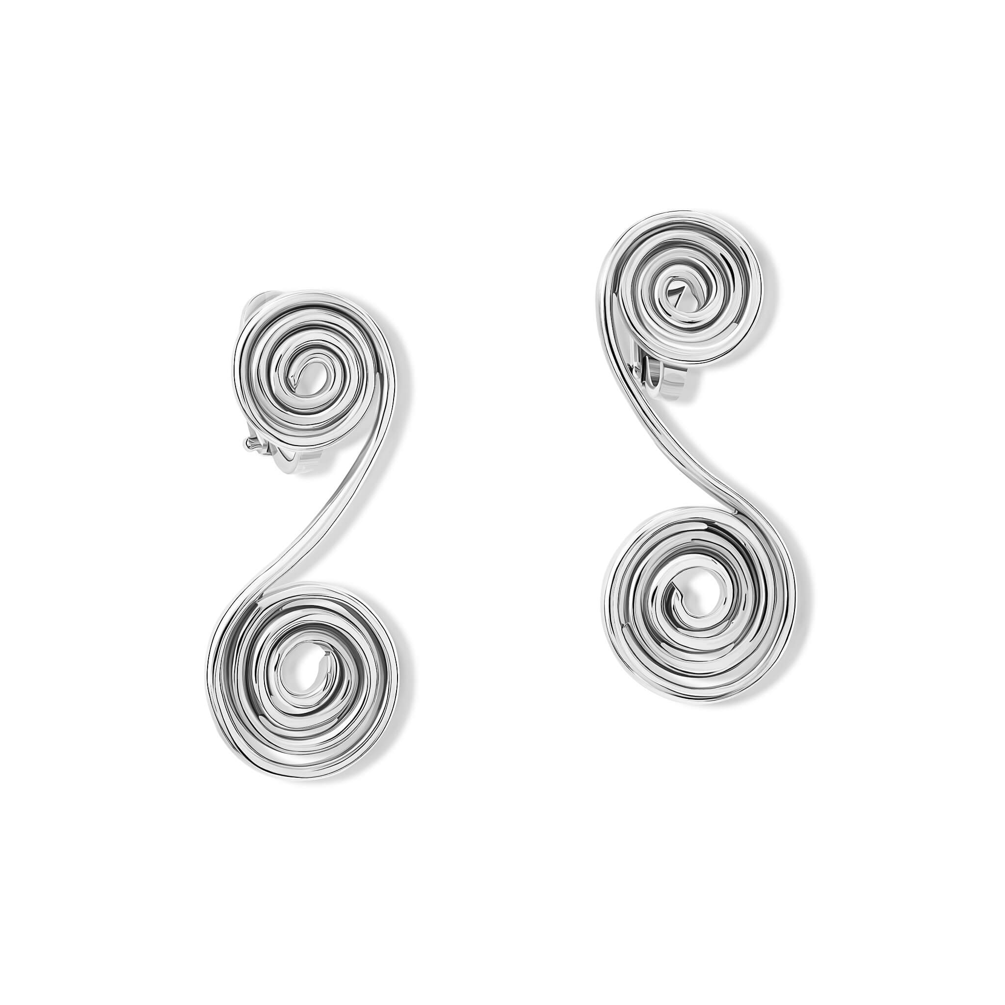 Handcrafted silver earrings featuring two swirls created from one continuous wire.