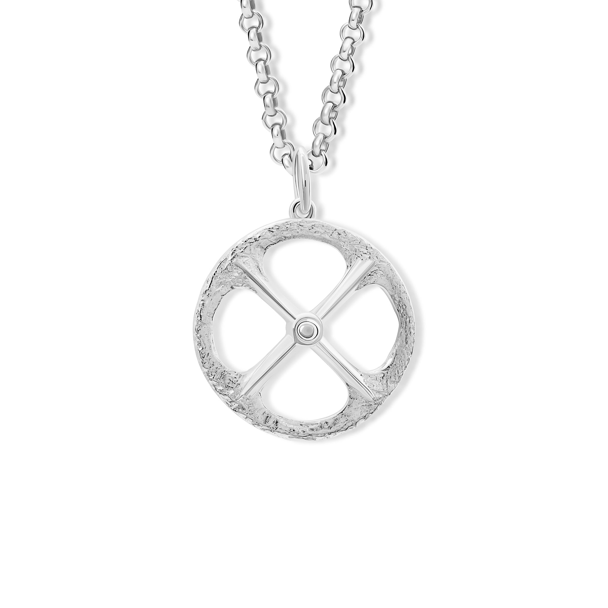 Handcrafted sterling silver large necklace pendant with a circular motif and a cross in the middle.