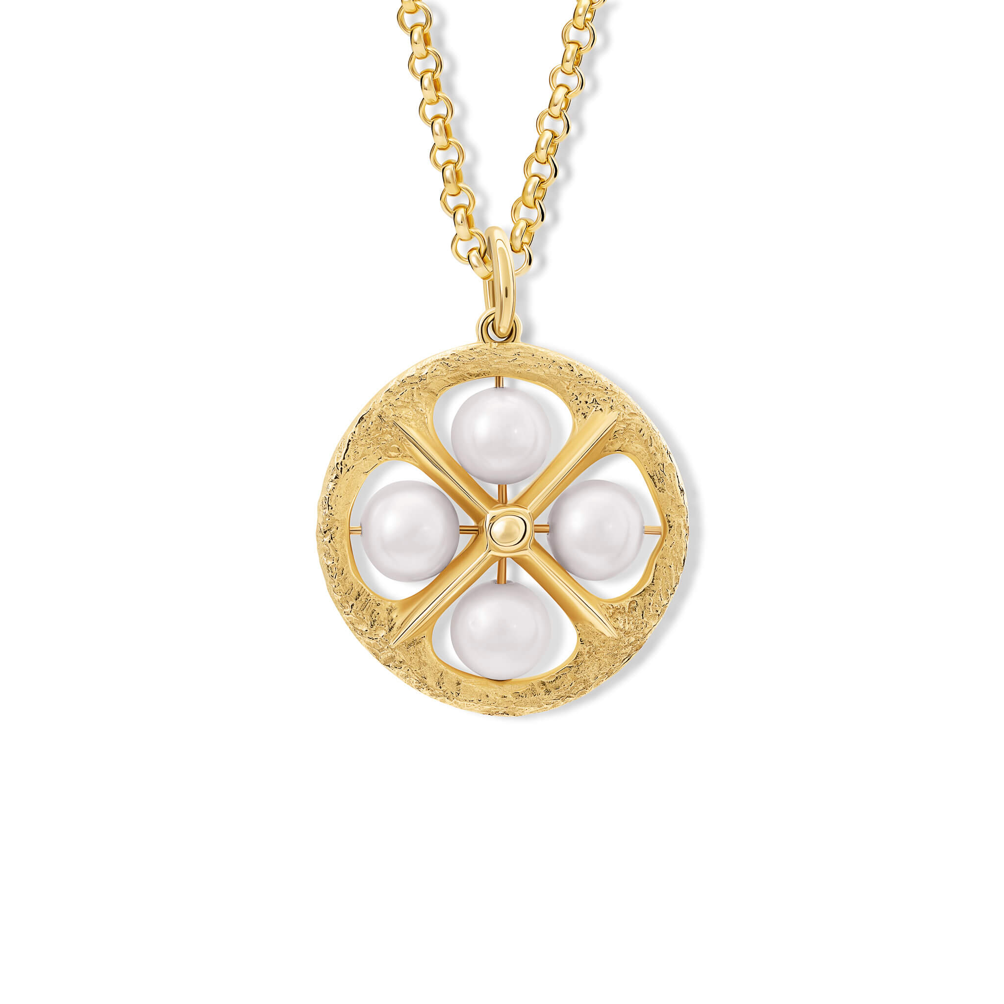 Handcrafted 9ct yellow gold necklace pendant with a circular motif and a cross in the middle and four pearls.