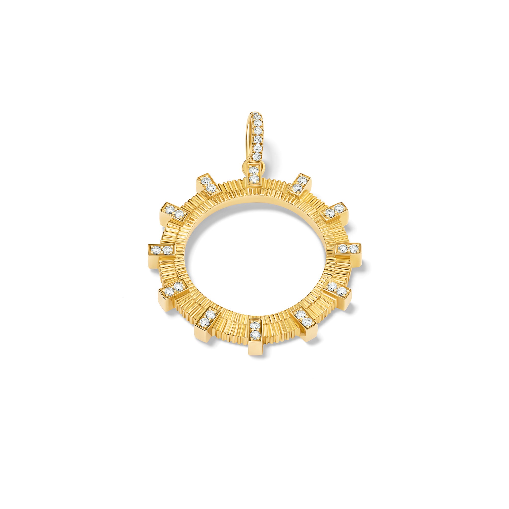 The handcrafted Kipoi necklace pendant in yellow gold with diamond pavé. Inspired by the stone bridges of Zagori in northern Greece. 