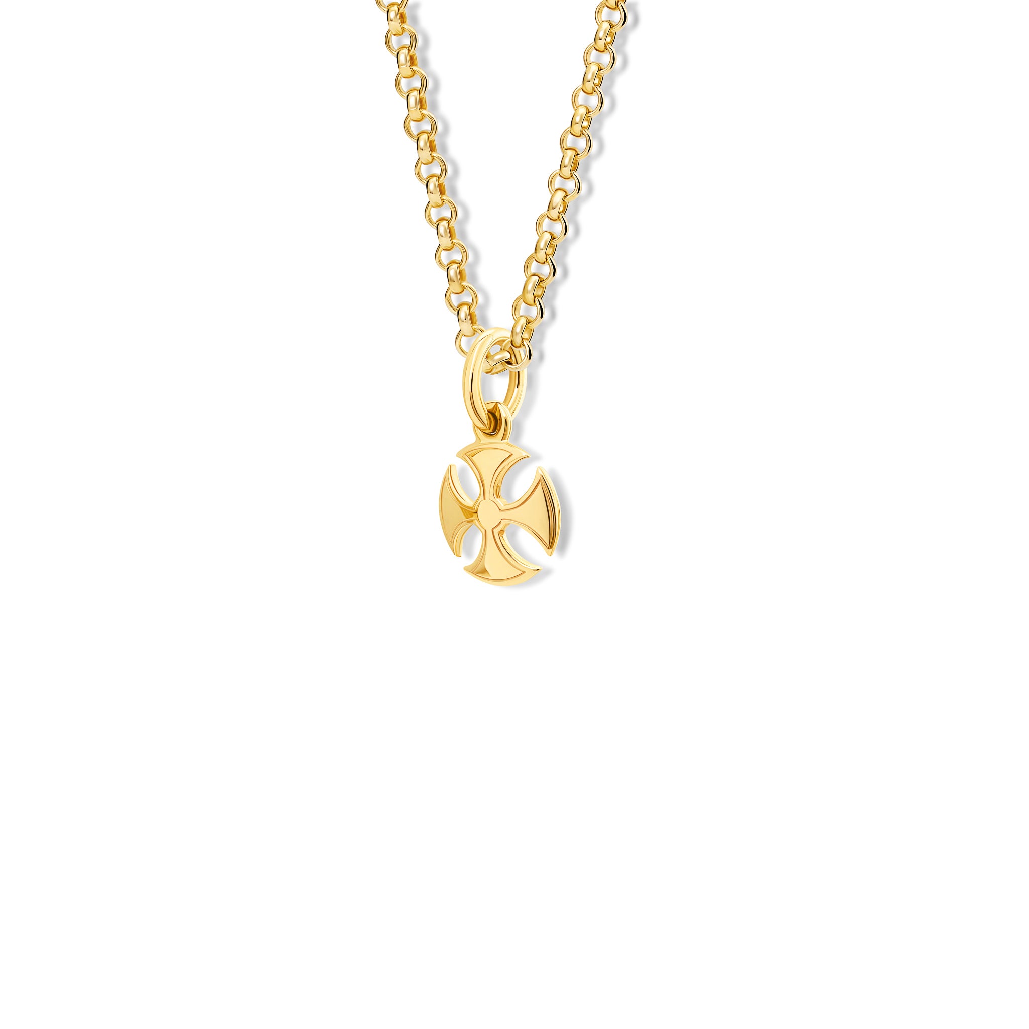 Handcrafted Sanctus 9ct yellow gold necklace pendant in a curved cross shape.
