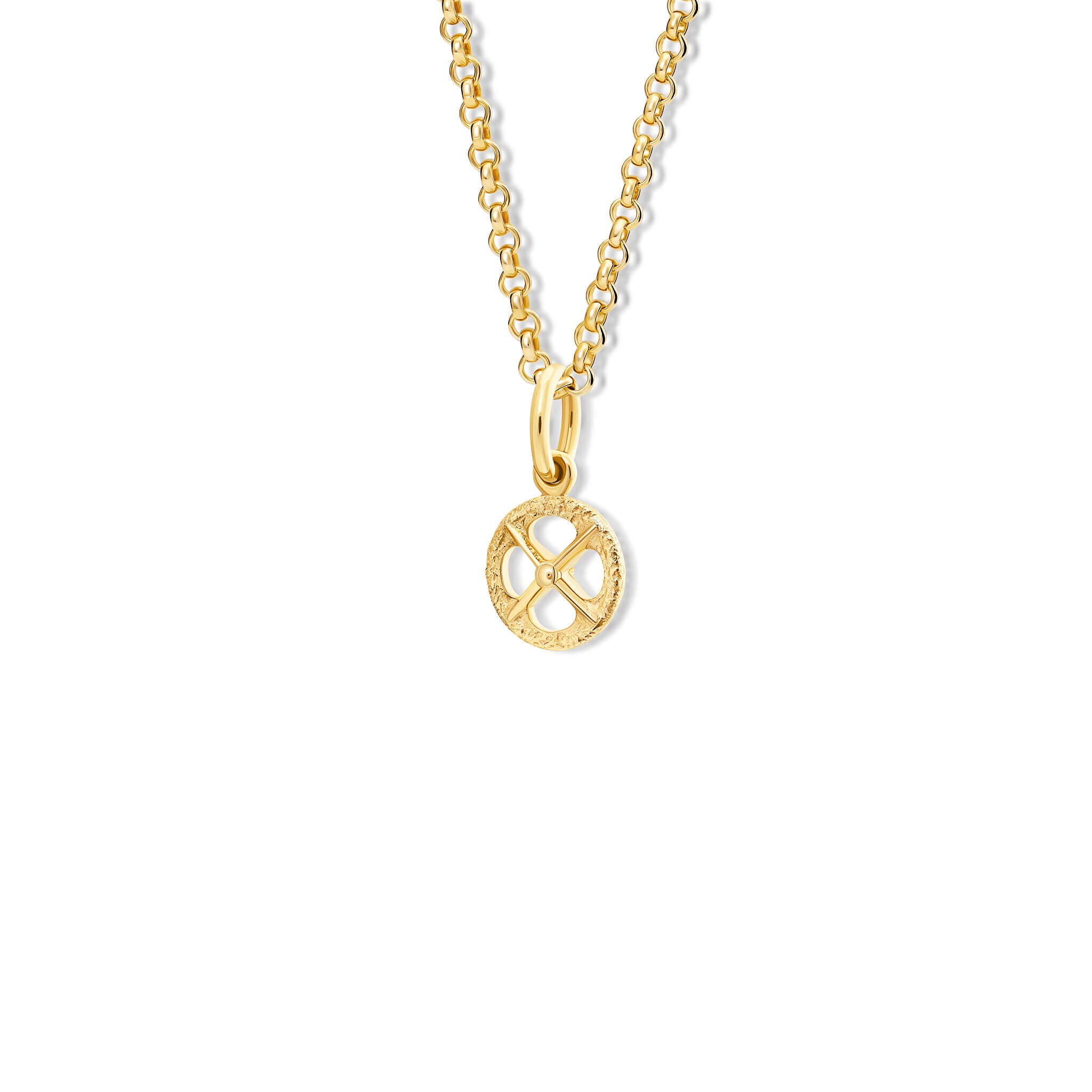 Handcrafted Helios small necklace pendant in yellow gold. Inspired by the chariot wheels of Helio, God of the sun.