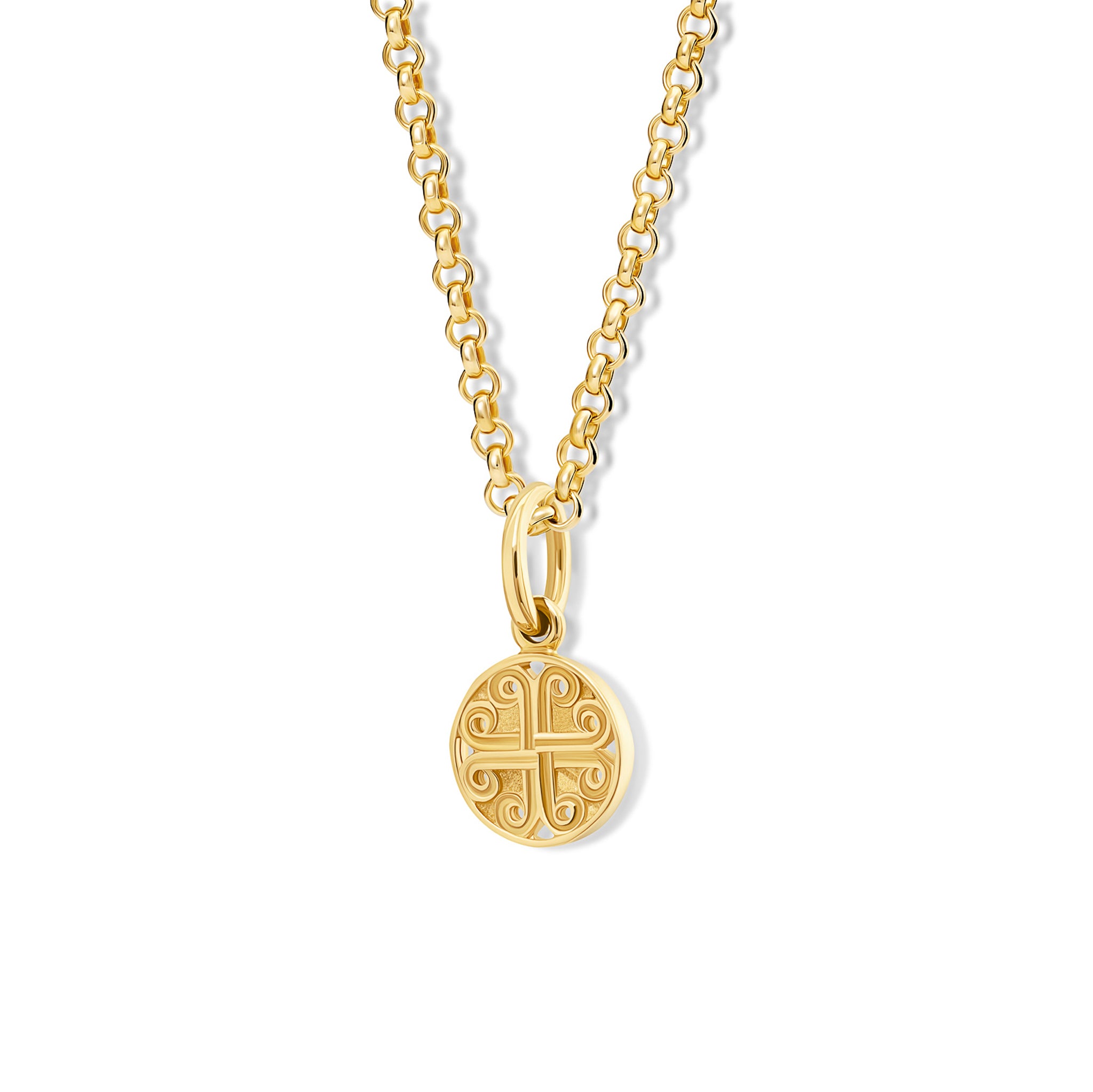 The handcrafted Kefalonia necklace pendant in 9ct yellow gold. A circular shaped necklace pendant with a cross-like motif in the centre.