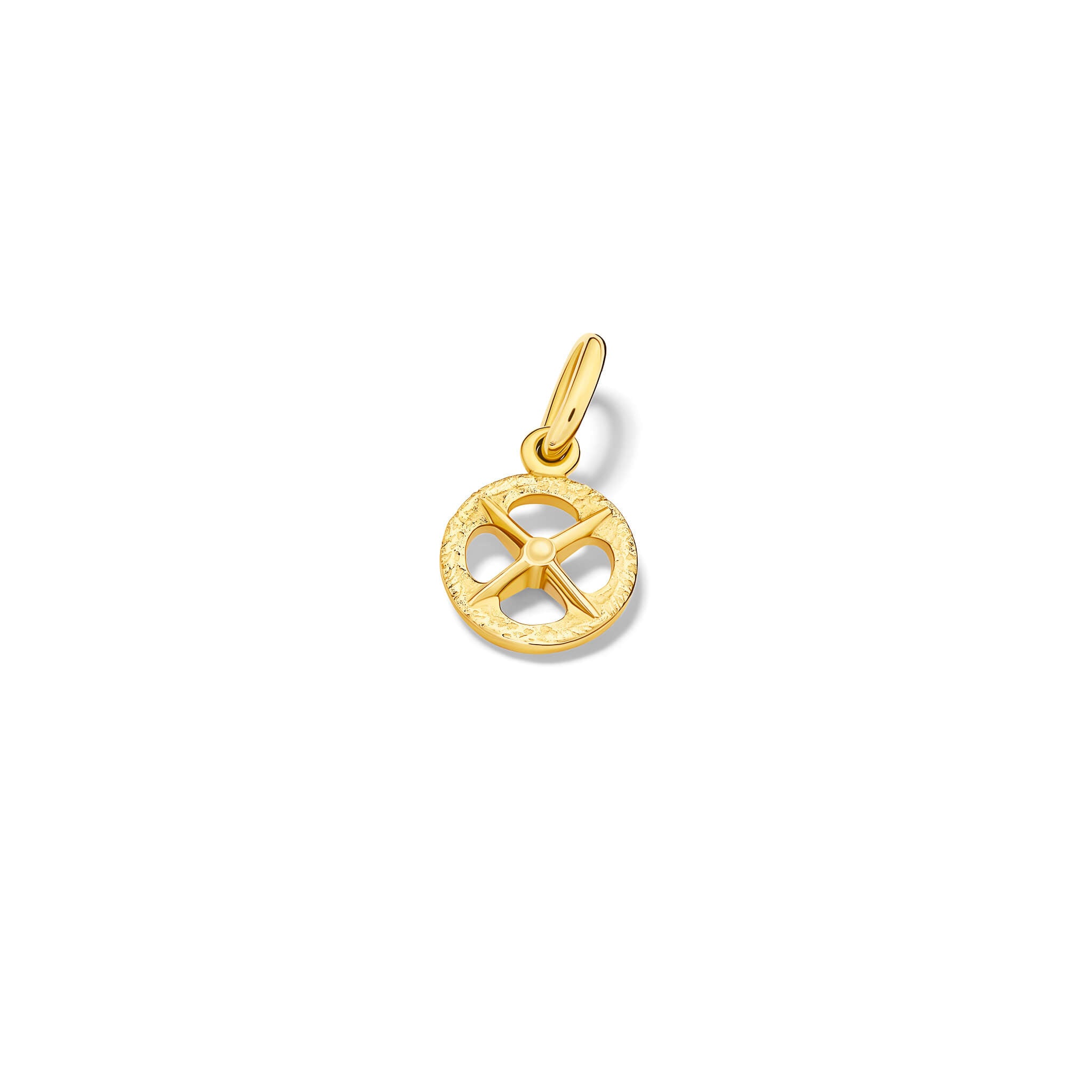 Handcrafted Helios small necklace pendant in yellow gold. Inspired by the chariot wheels of Helio, God of the sun.