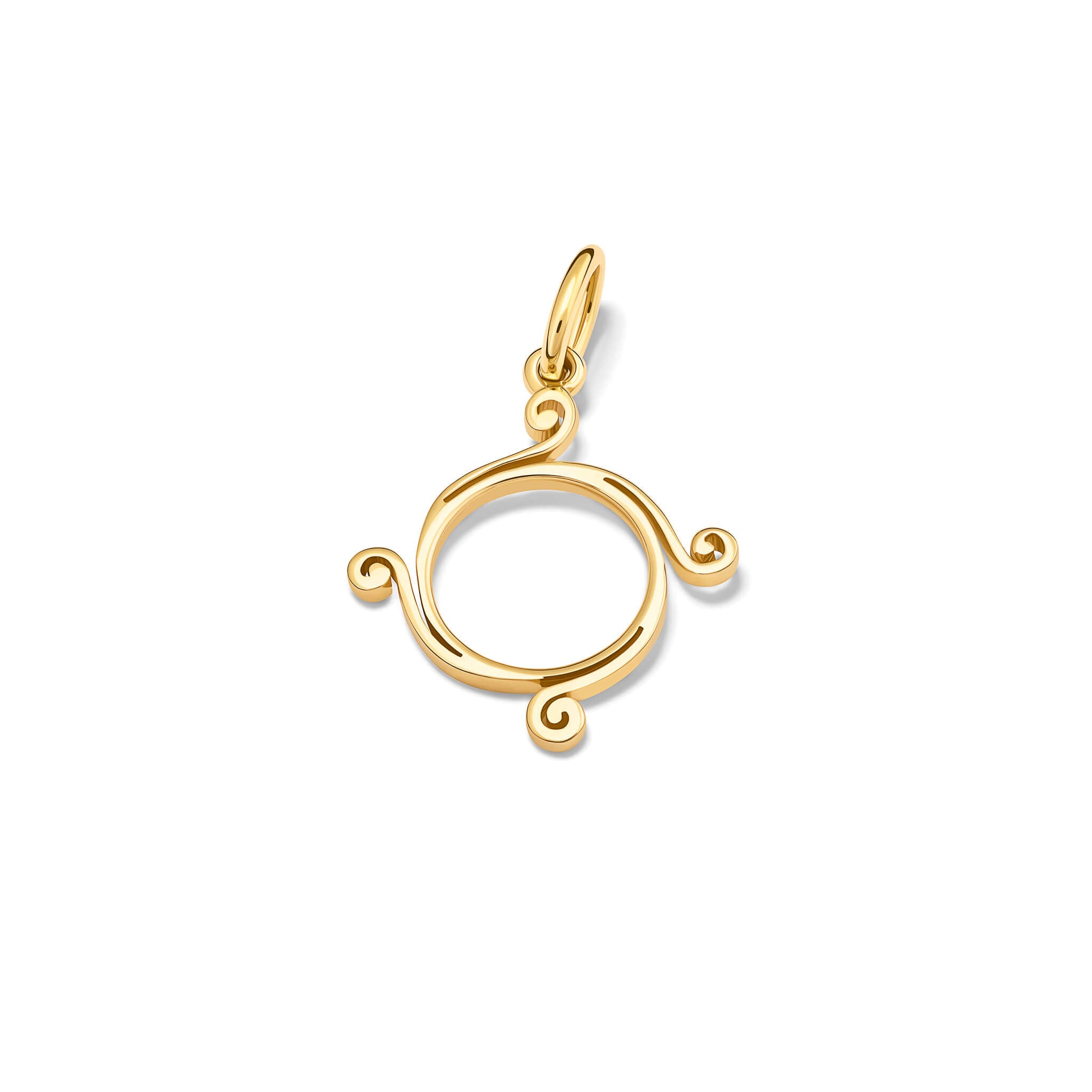 Handcrafted 9ct yellow gold small Athena necklace pendant with a circular shape and spiral at four points.