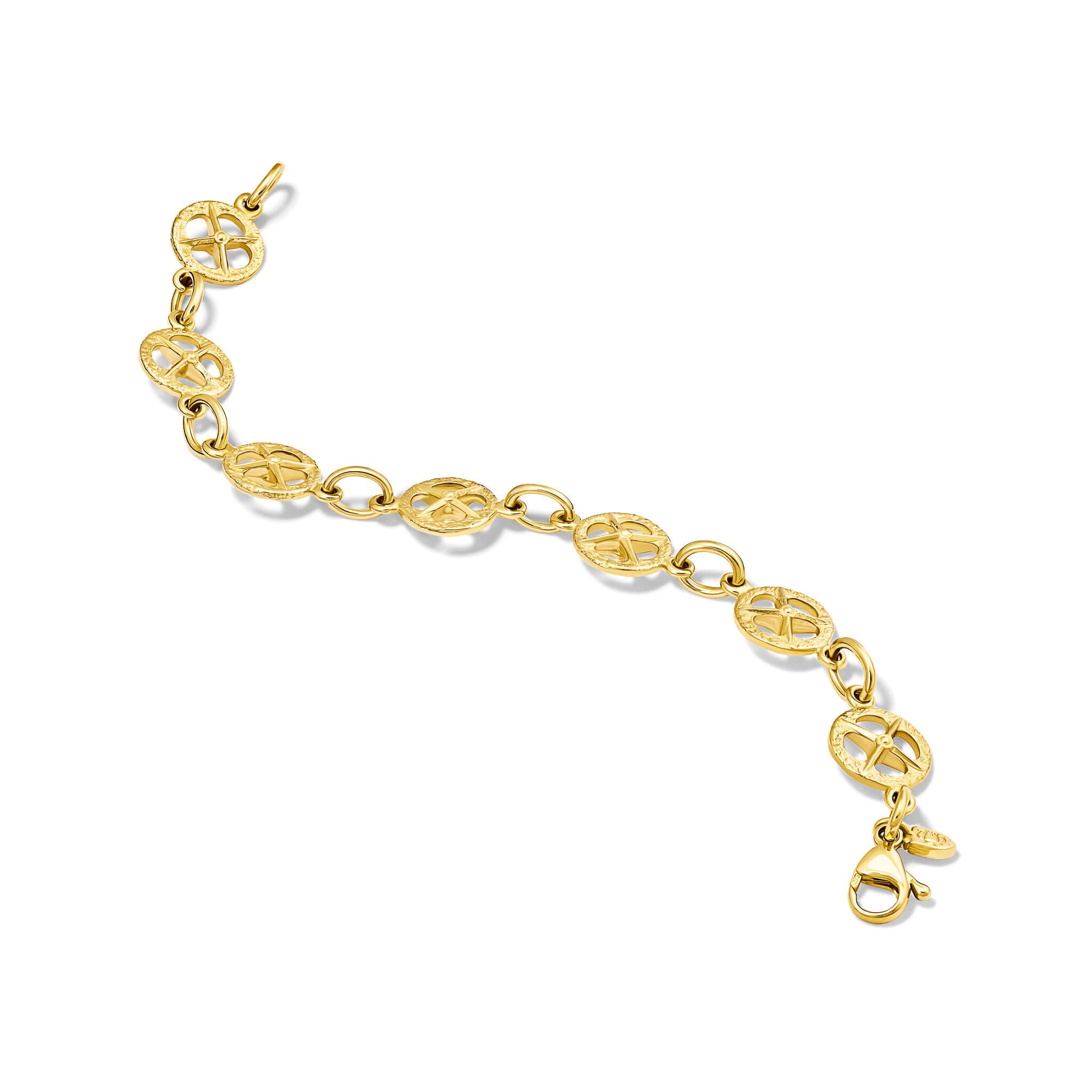 Handcrafted 9ct yellow gold link bracelet with a circular motif and a cross in the middle.