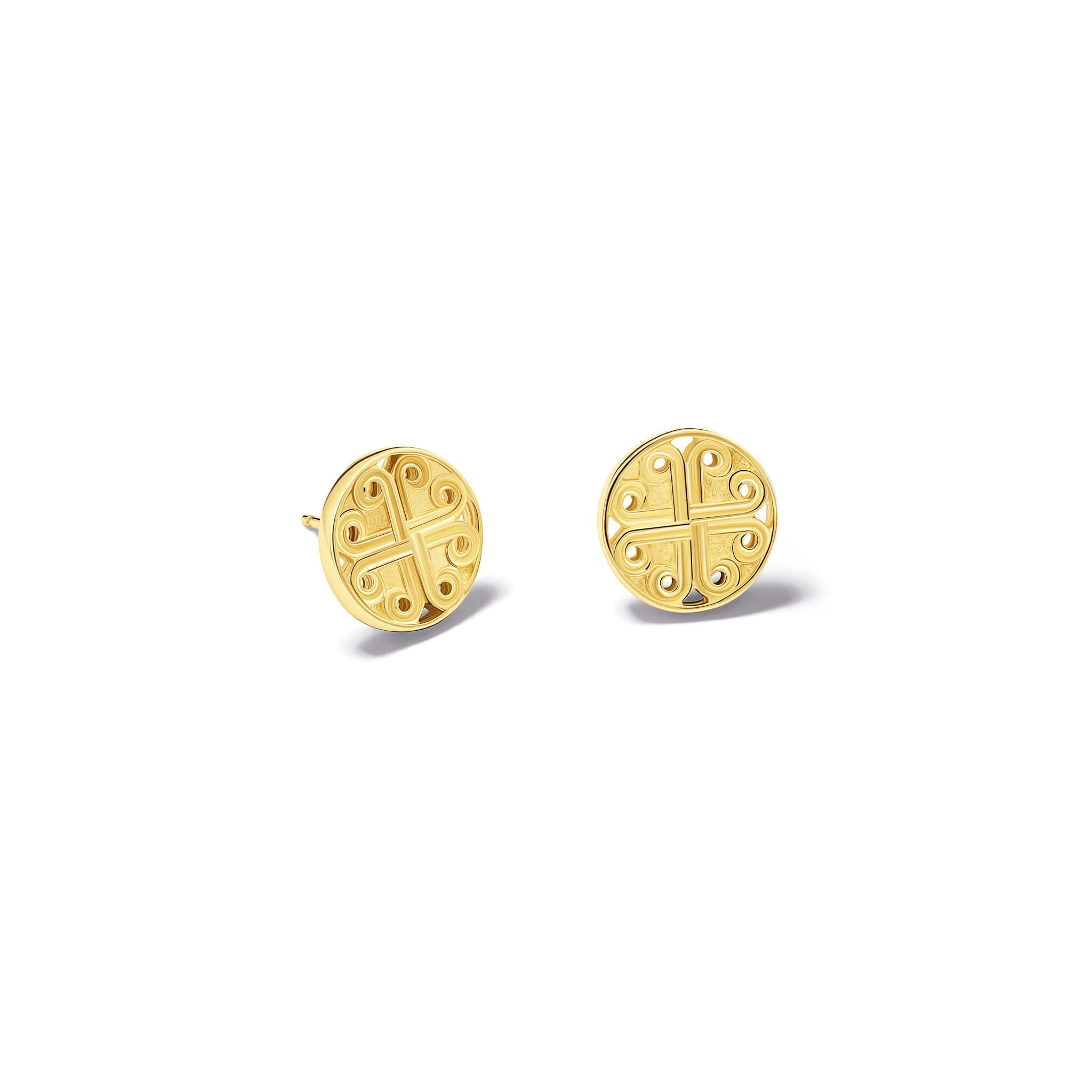Handcrafted 9ct yellow gold circular earring studs with a cross-like motif in the centre.