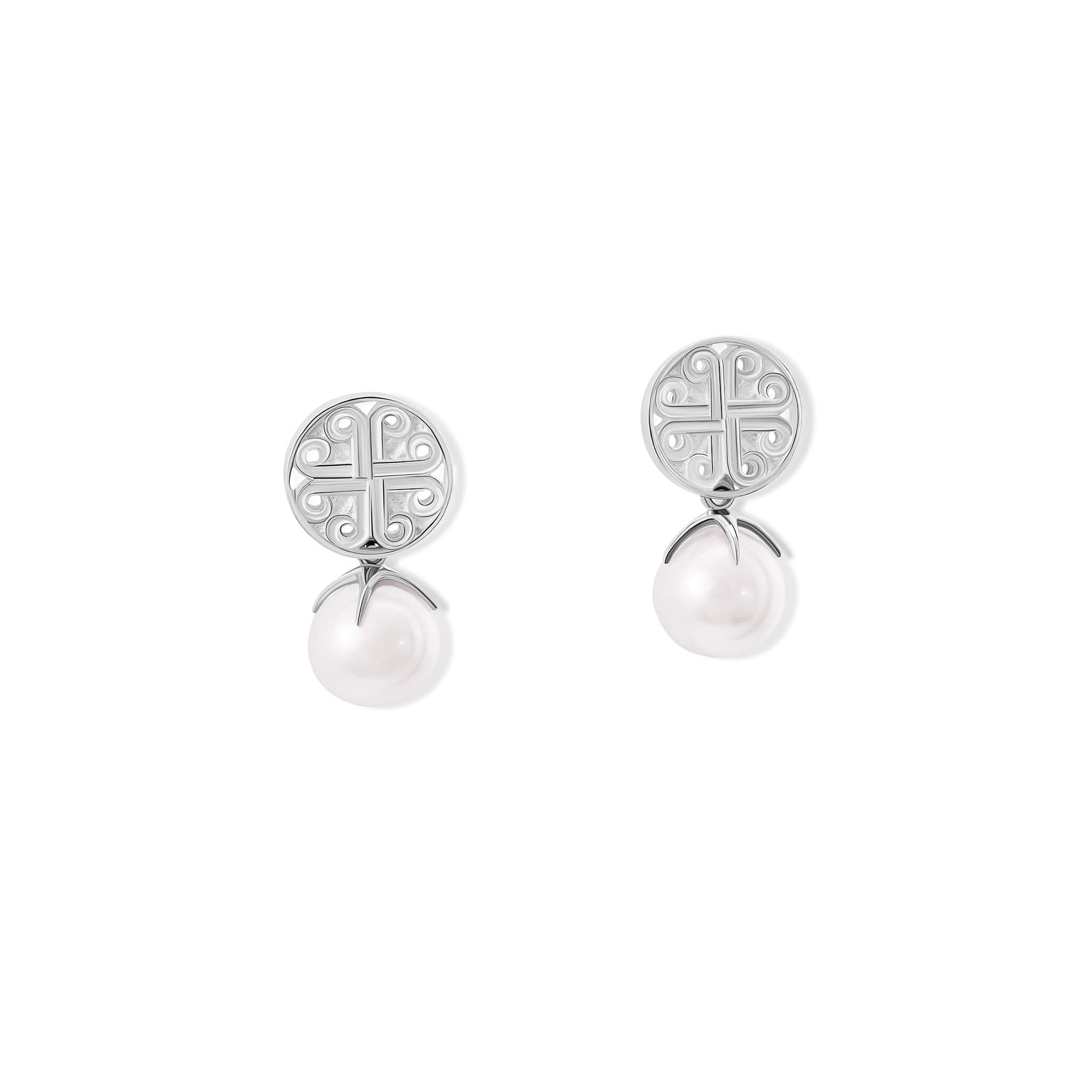 Handcrafted silver circular earring studs with a cross-like motif in the centre.