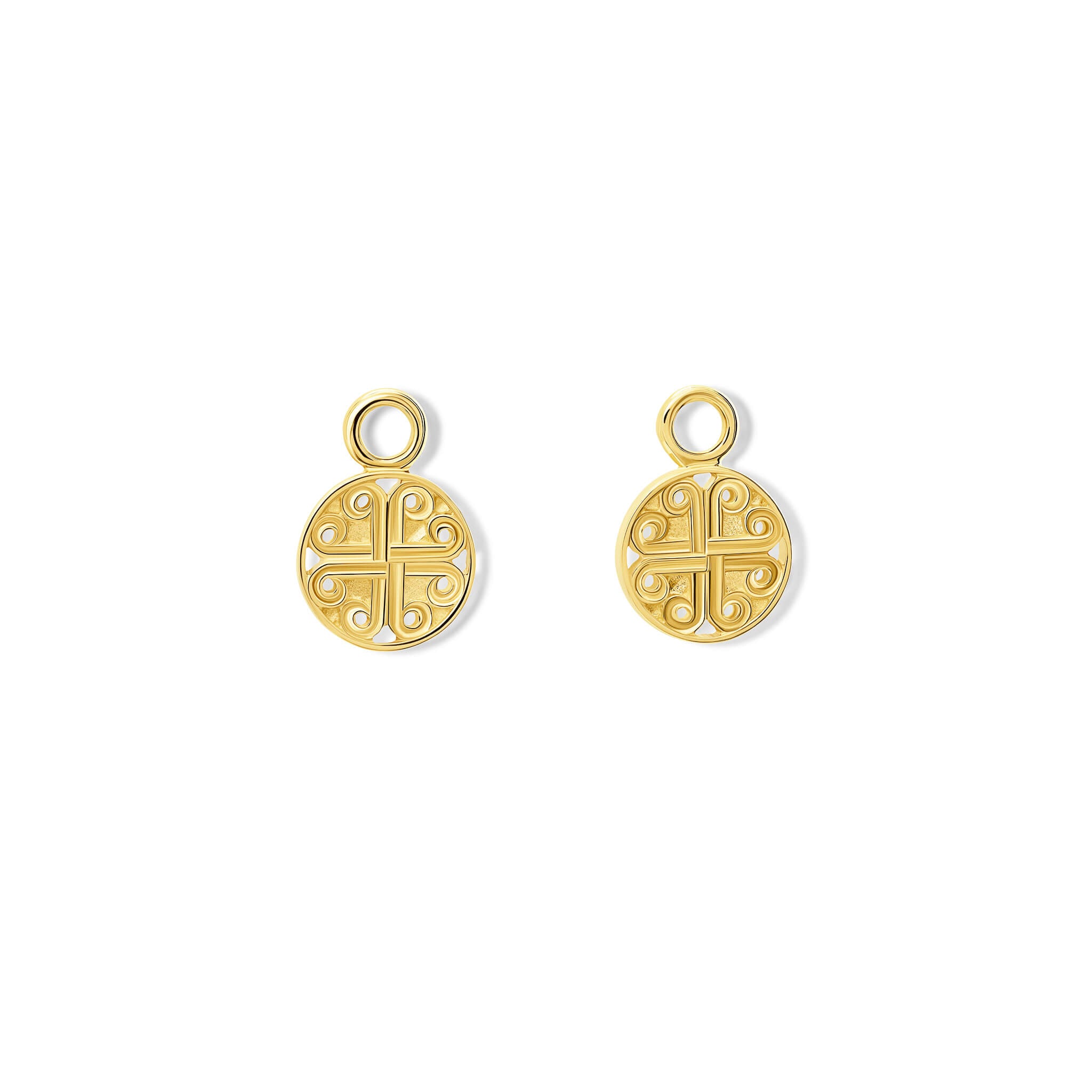 Handcrafted interchangeable 9ct yellow gold circular earring drops with a cross-like motif in the centre.
