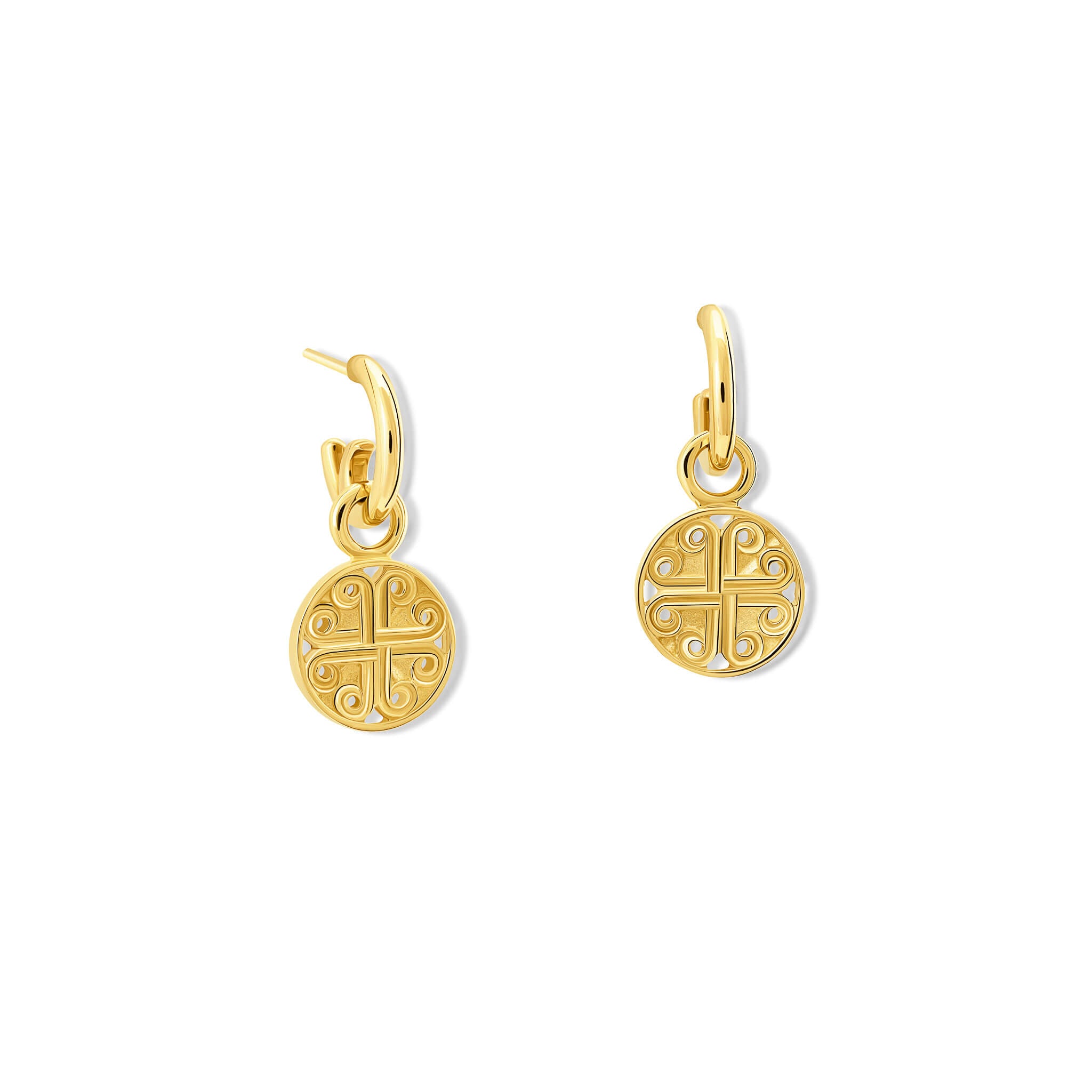 Handcrafted interchangeable 9ct yellow gold circular earring drops with a cross-like motif in the centre.