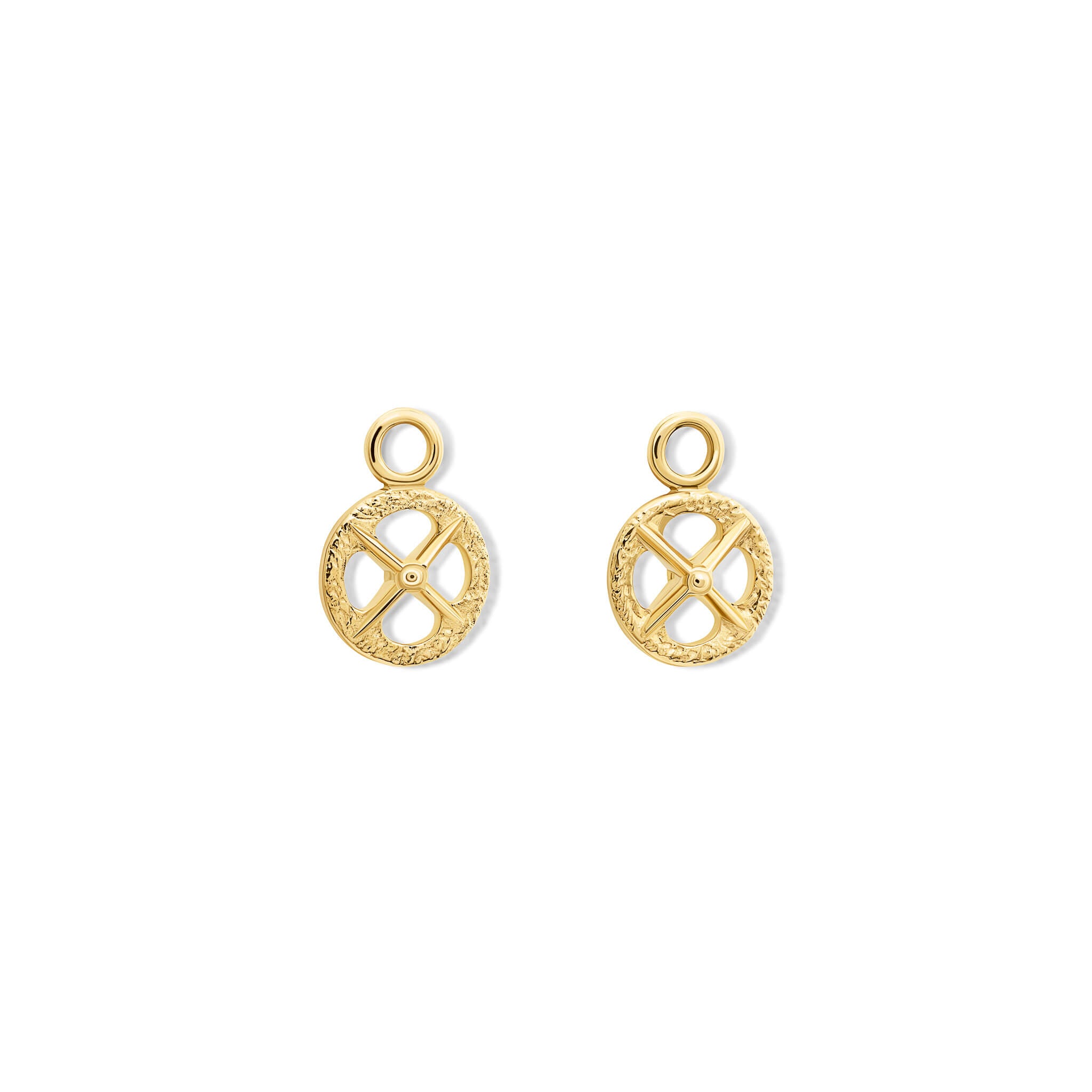 Handcrafted 9ct yellow gold interchangeable earring drops with a circular motif and a cross in the middle.