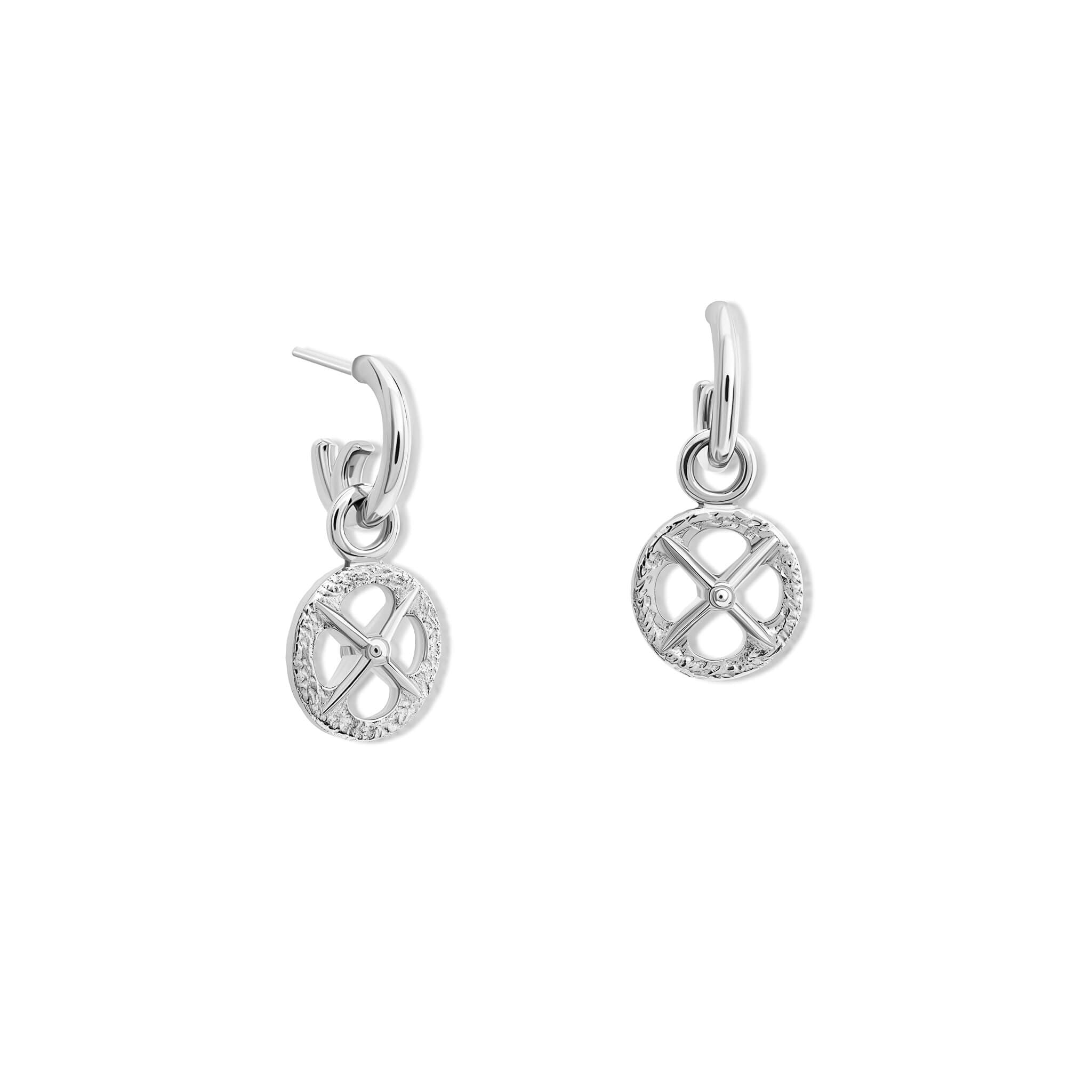 Handcrafted sterling silver interchangeable earring drops with a circular motif and a cross in the middle.