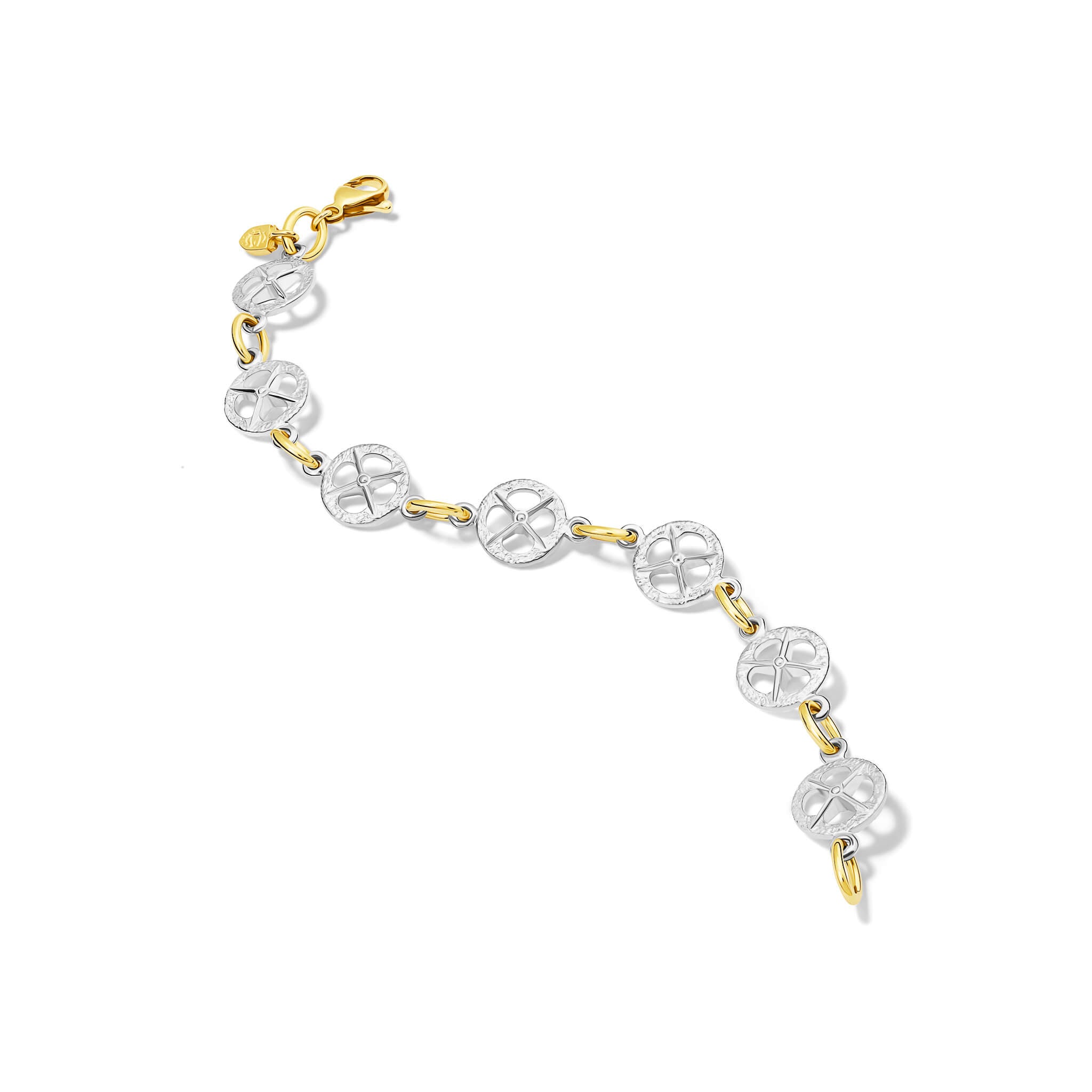 Handcrafted sterling silver and yellow gold bracelet with a circular motif and a cross in the middle.