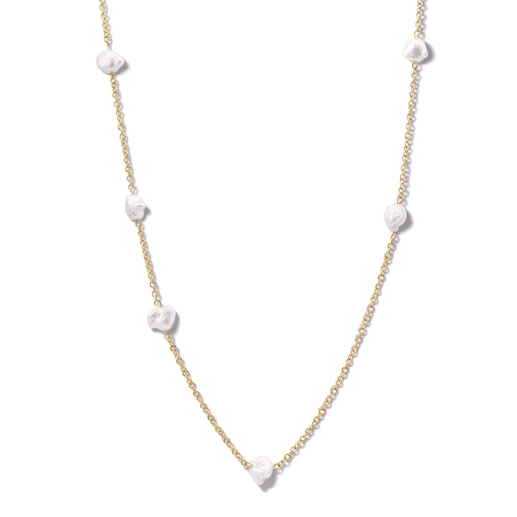 Handcrafted 9ct yellow gold necklace featuring six baroque pearls on a yellow gold chain.