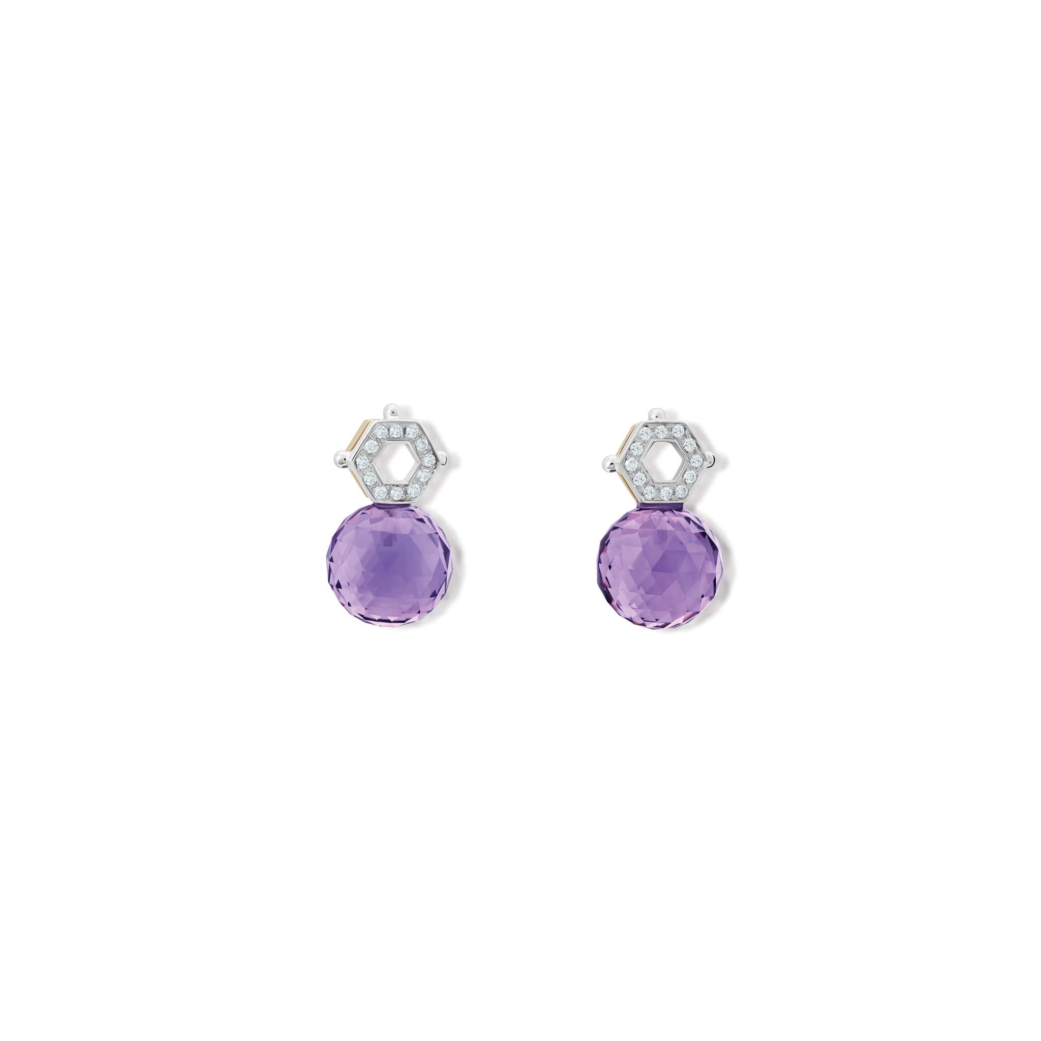 Handcrafted Melissae di Erice earring pendant in 18ct white gold and 18ct yellow gold, with facetted round briolette amethyst on diamond pavé fitting.