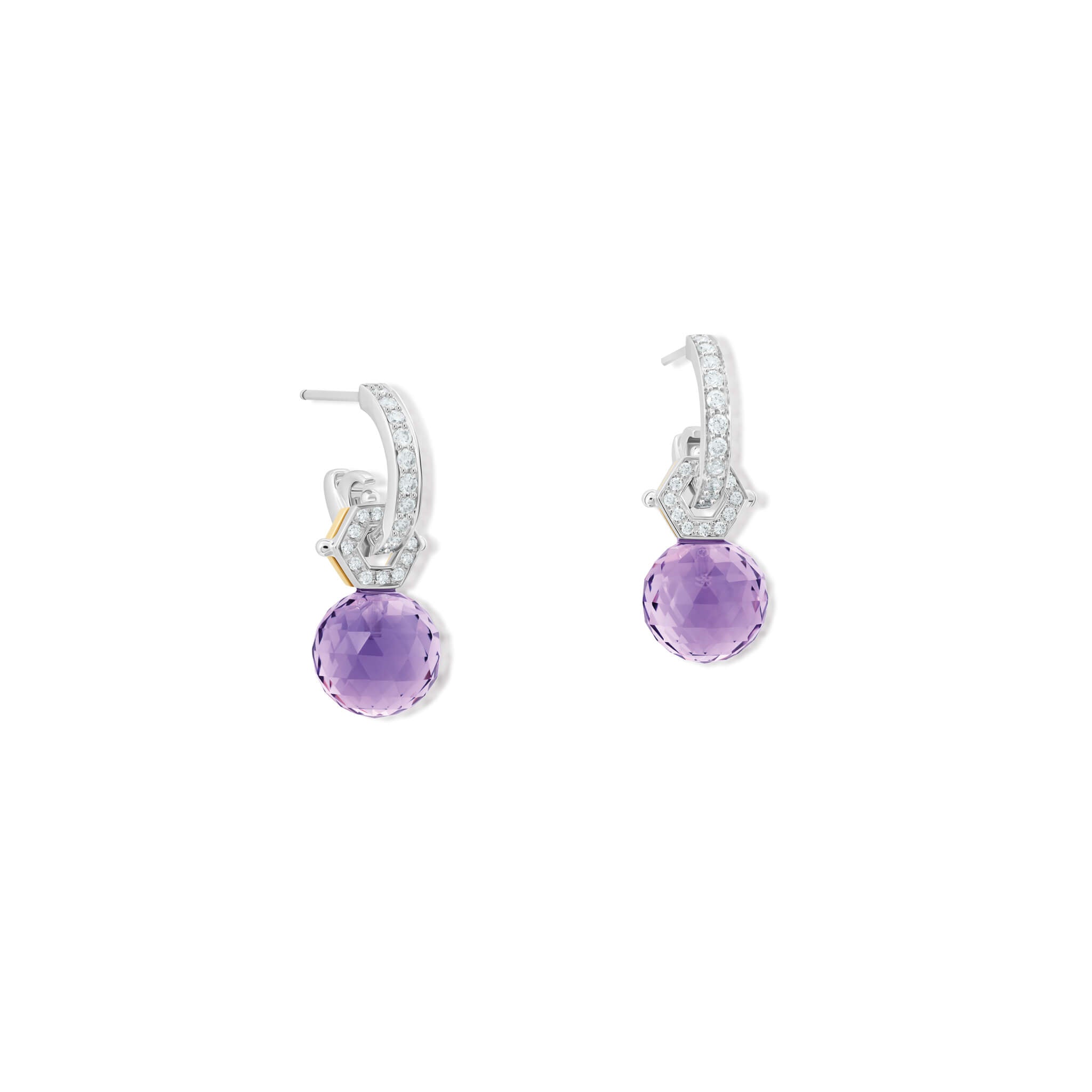 Handcrafted Melissae di Erice earring pendant in 18ct white gold and 18ct yellow gold, with facetted round briolette amethyst on diamond pavé fitting.