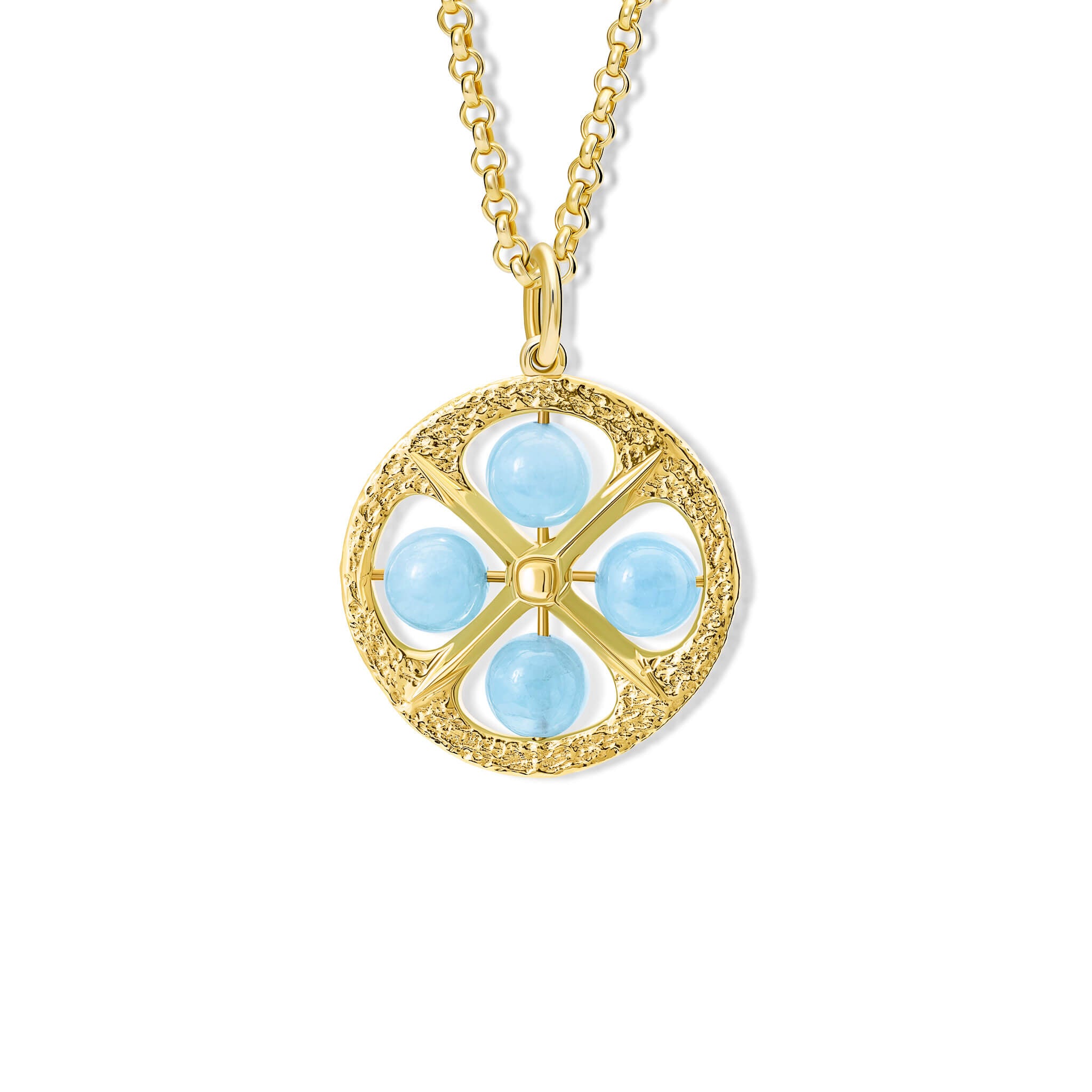 Handcrafted 9ct yellow gold necklace pendant with a circular motif and a cross in the middle and four aquamarine beads.