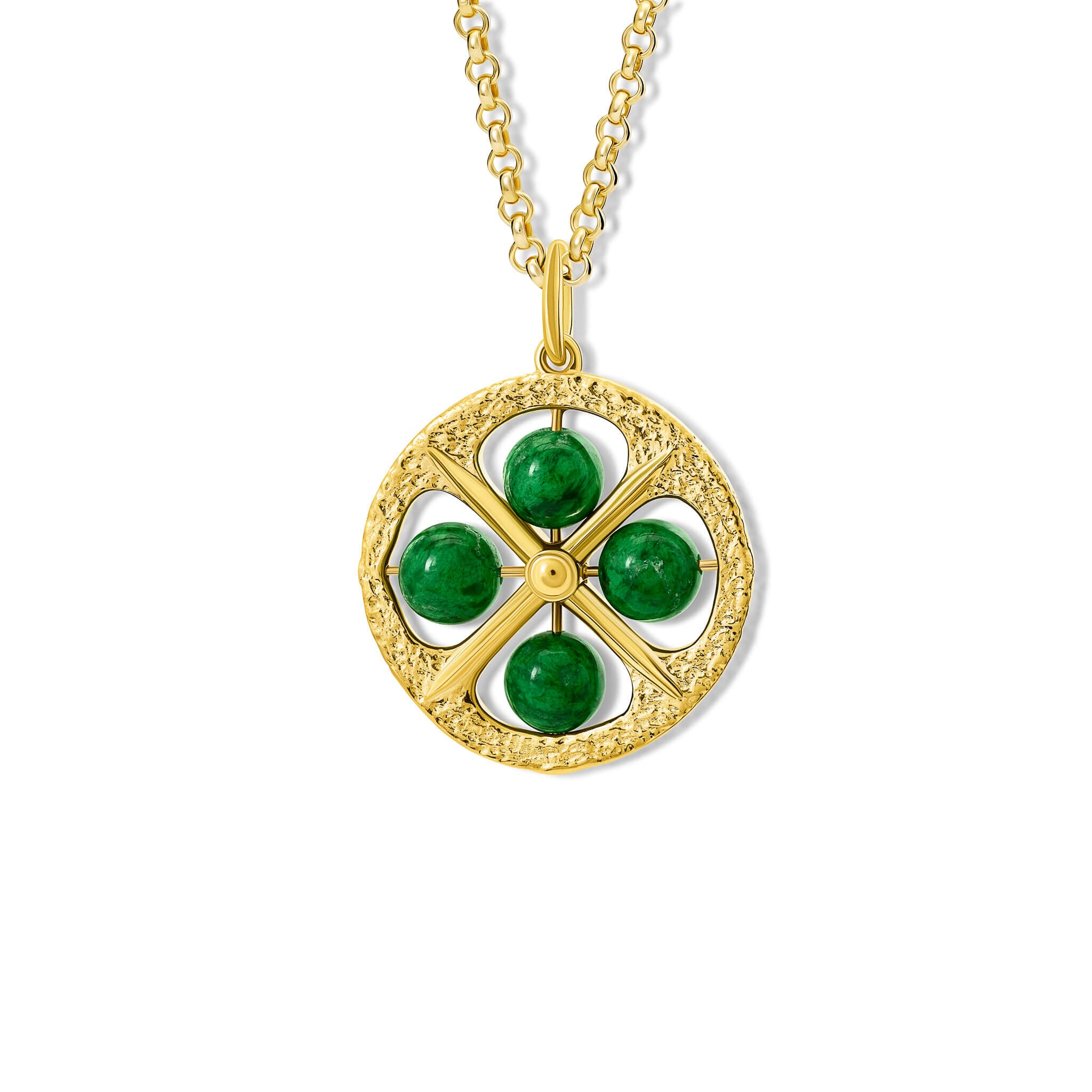 Handcrafted 9ct yellow gold necklace pendant with a circular motif and a cross in the middle and four chloromelanite beads.