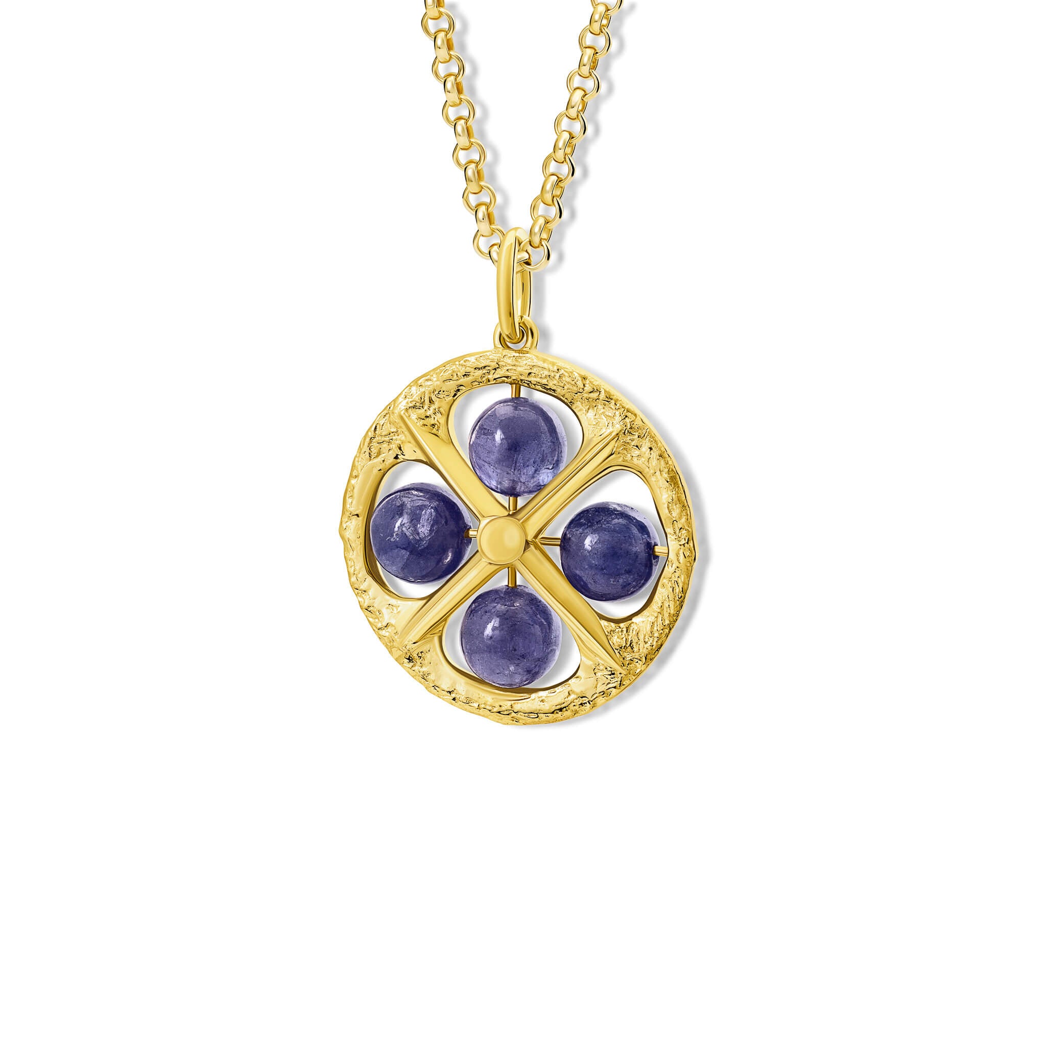 Handcrafted 9ct yellow gold necklace pendant with a circular motif and a cross in the middle and four tanzanite beads.
