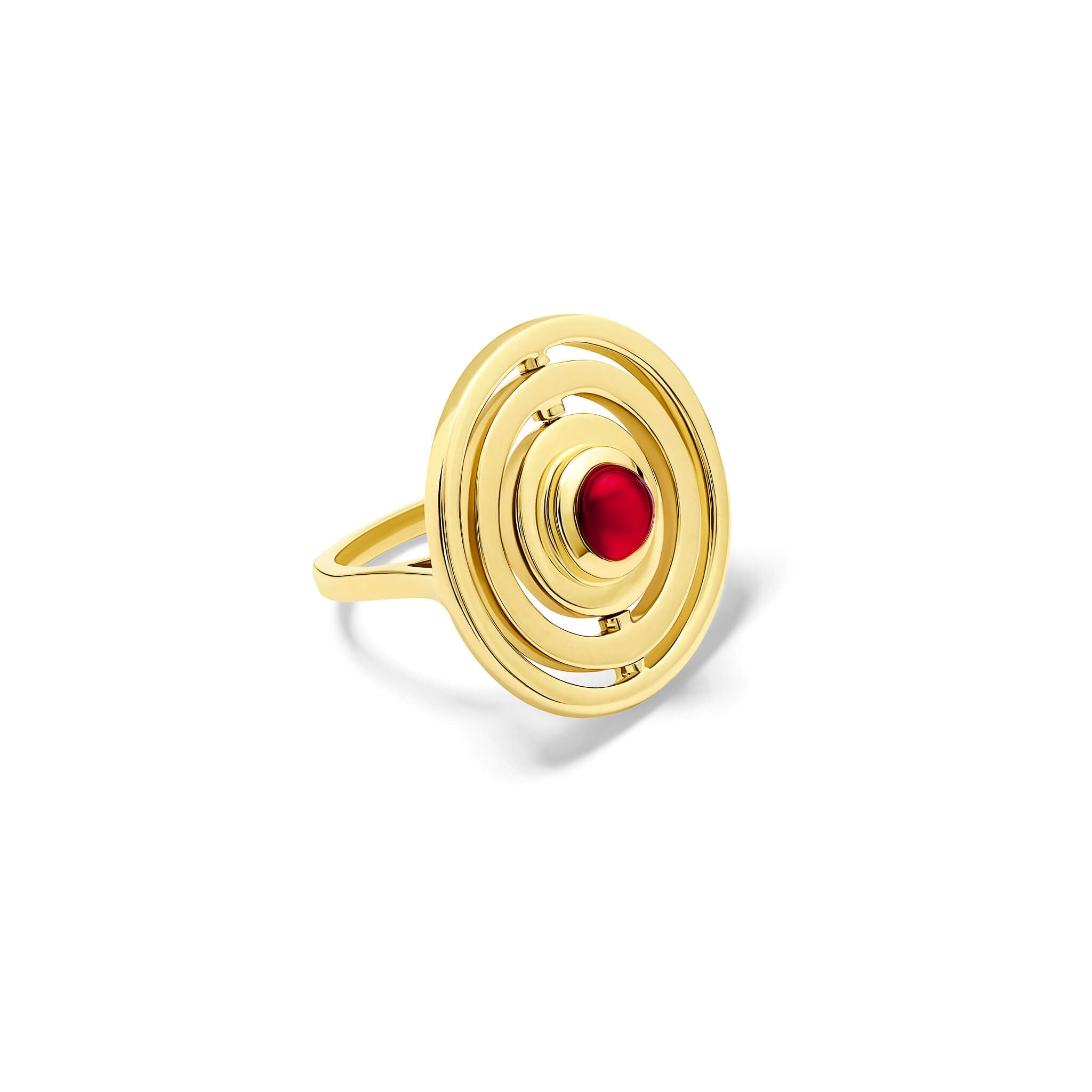 Handcrafted 9ct yellow gold cocktail ring featuring three concentric circles with movement and a central cabochon red garnet.