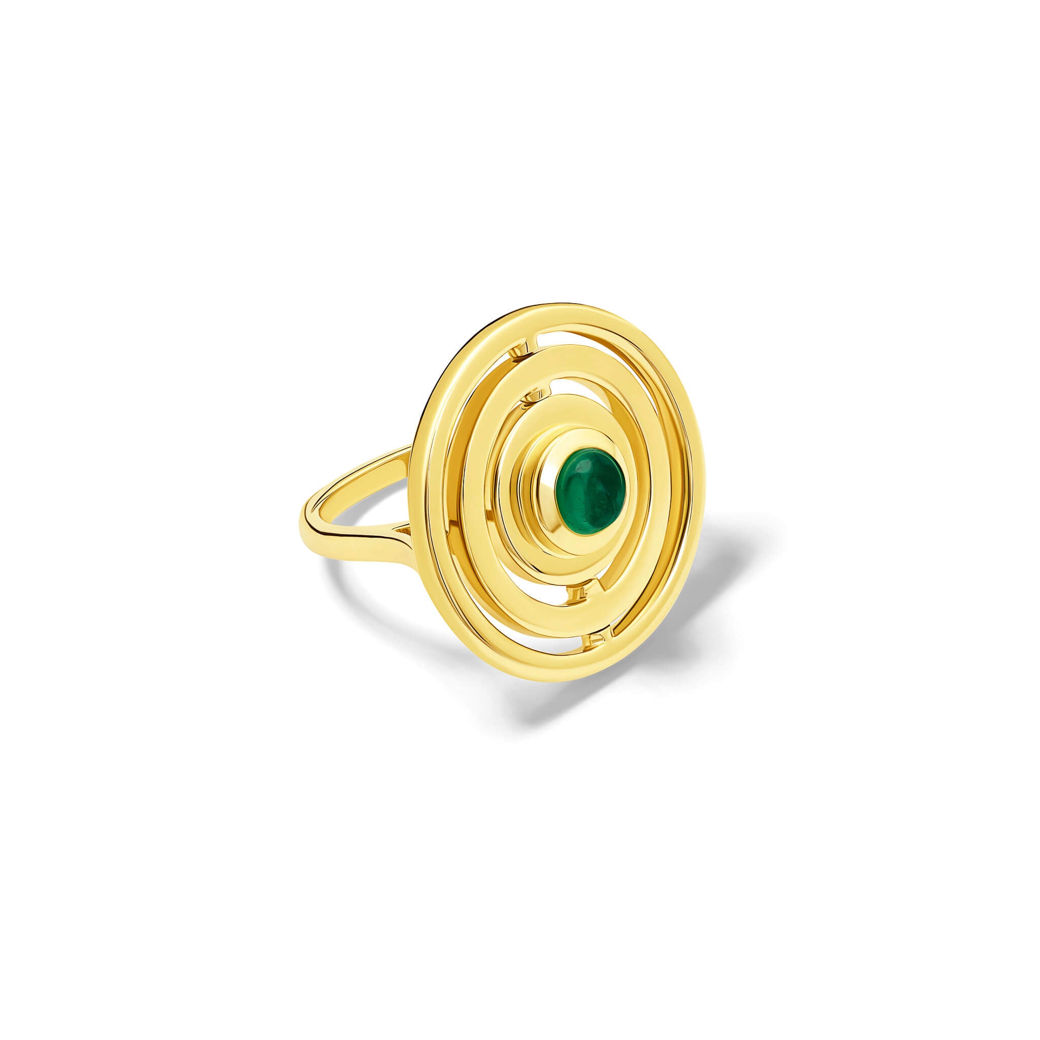 Handcrafted 9ct yellow gold cocktail ring featuring three concentric circles with movement and a central cabochon green tourmaline.