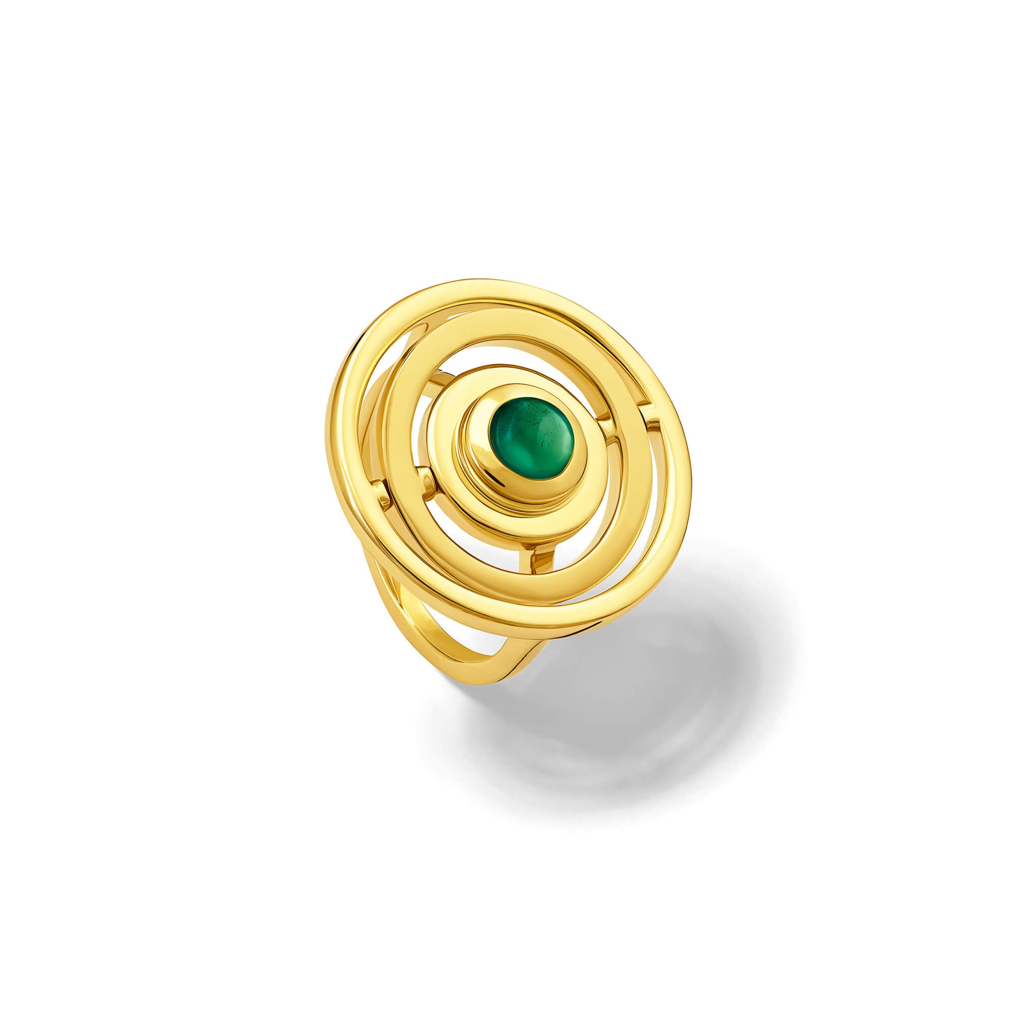 Handcrafted 9ct yellow gold cocktail ring featuring three concentric circles with movement and a central cabochon green tourmaline.