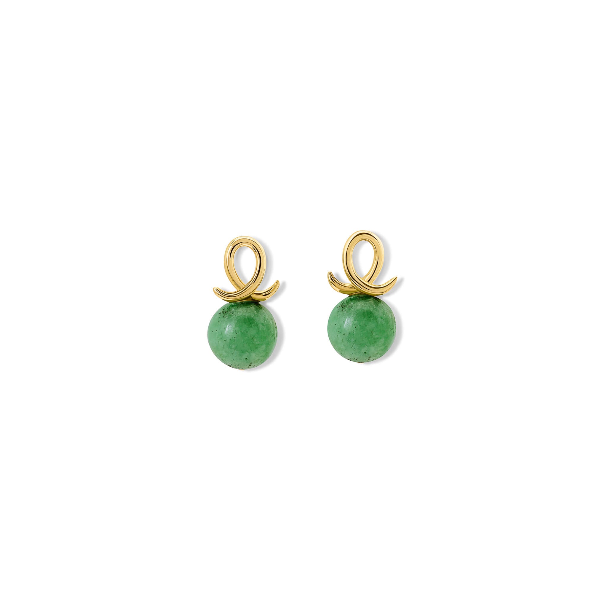 Handcrafted 9ct yellow gold earring drops with round mottled emerald and an oval loop shape crossing over.