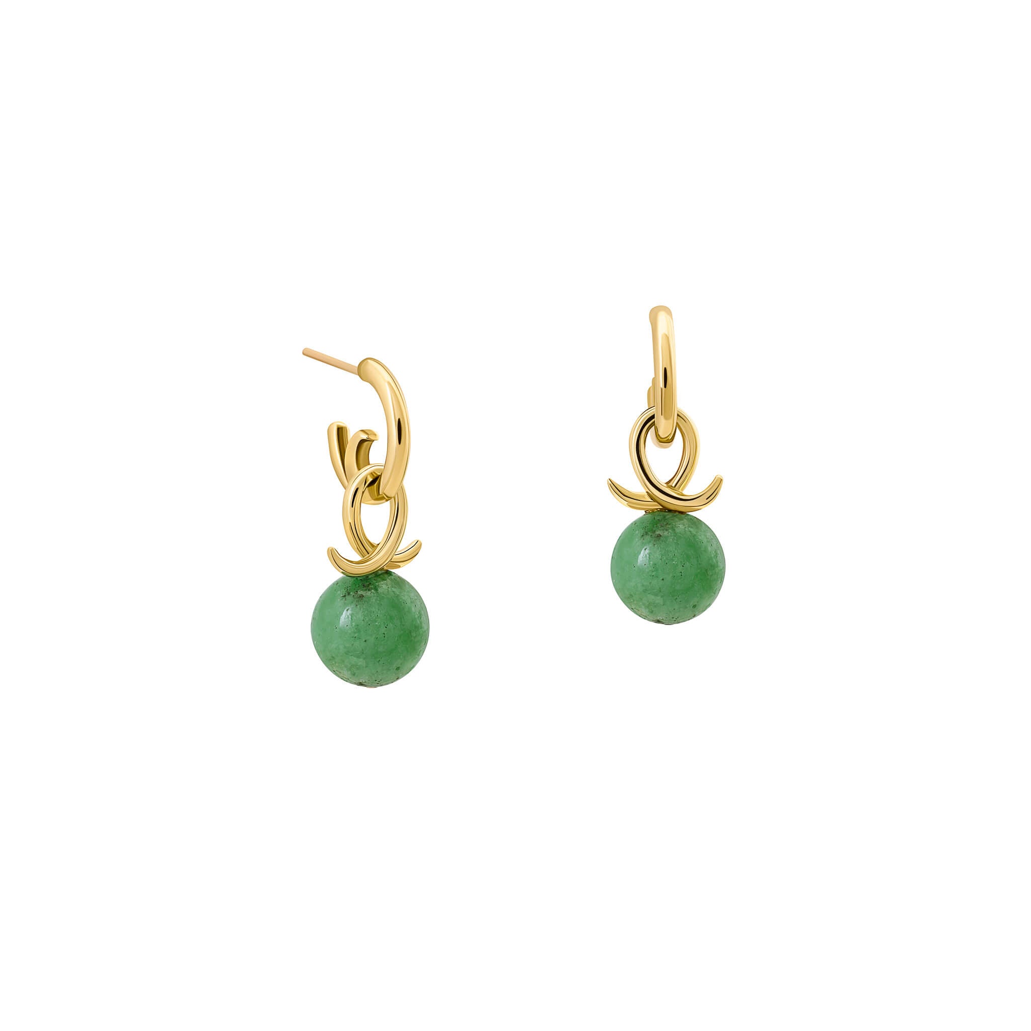 Handcrafted 9ct yellow gold earring drops with round mottled emerald and an oval loop shape crossing over.