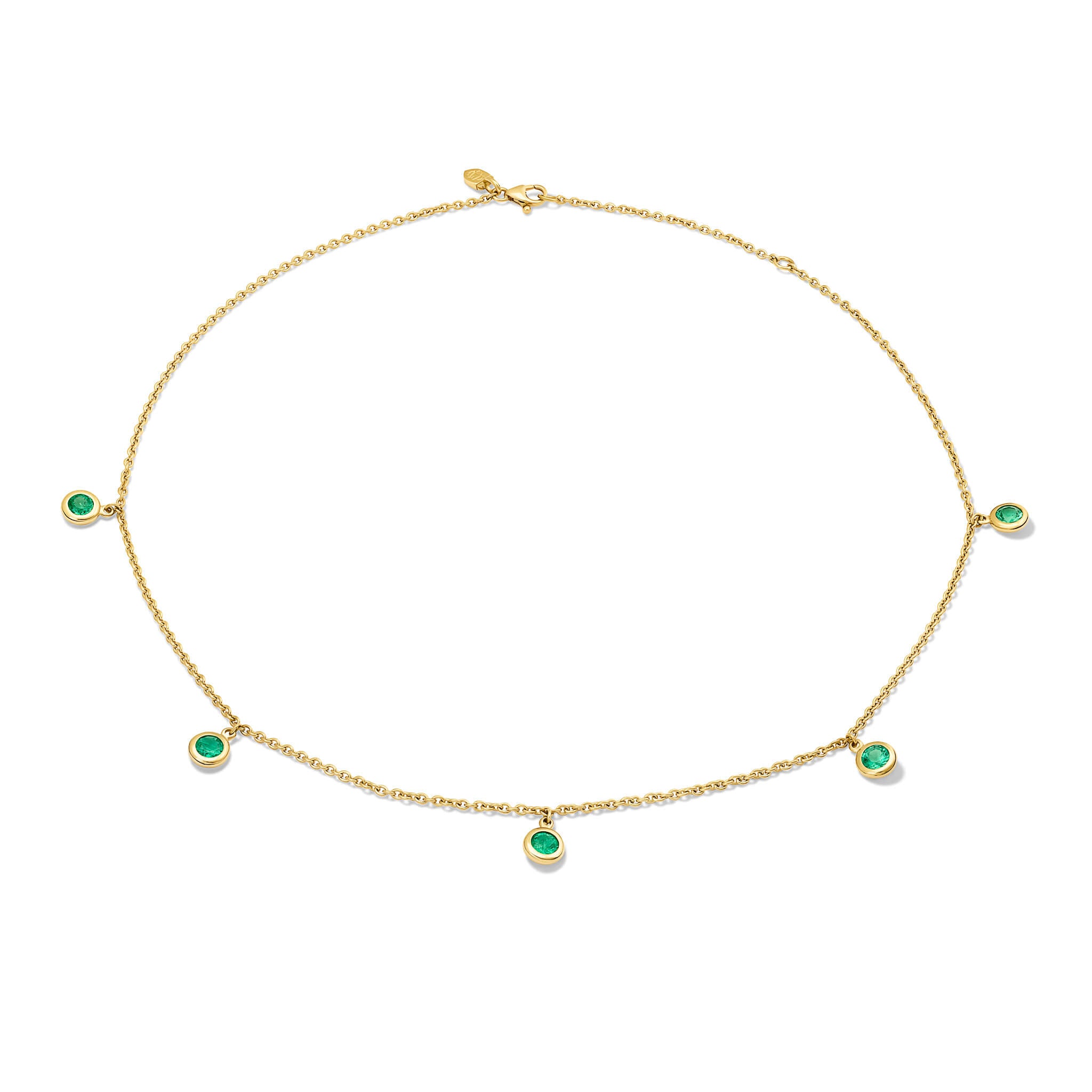 Handcrafted 18ct yellow gold necklace with five round emerald dops, birthstone of May.