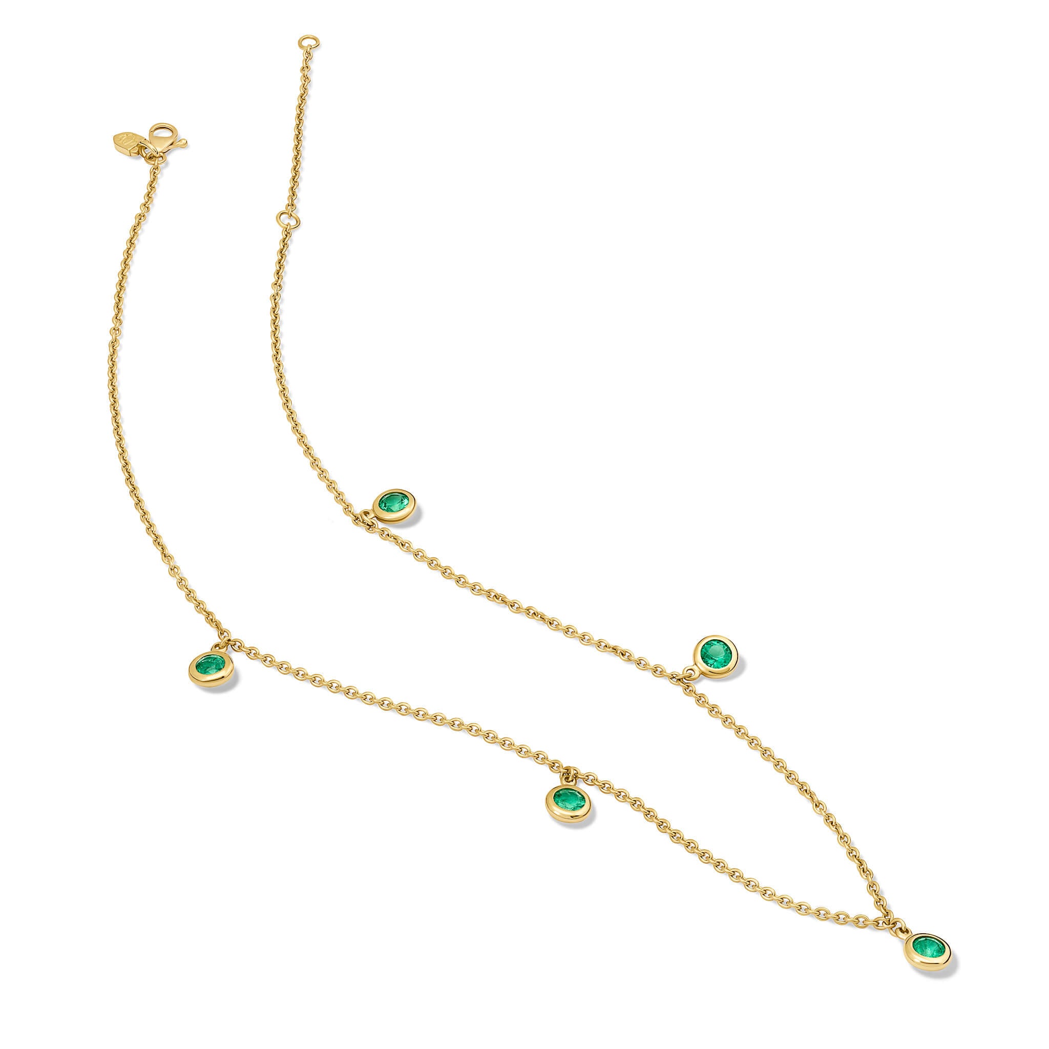 Handcrafted 18ct yellow gold necklace with five round emerald dops, birthstone of May.