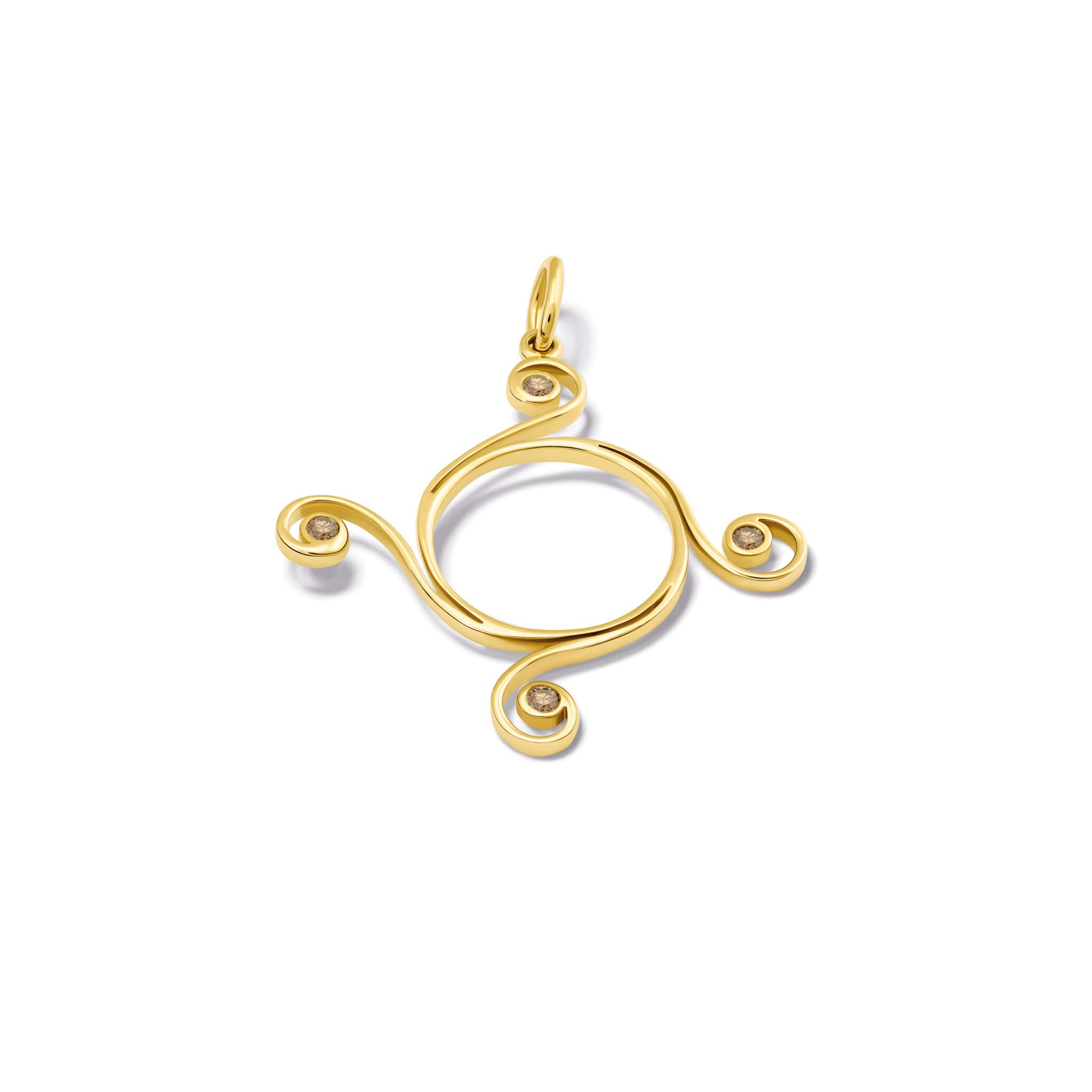 Handcrafted yellow gold Athena necklace pendant with a circular shape and spiral at four points, hanging on gold chain with brown diamonds.
