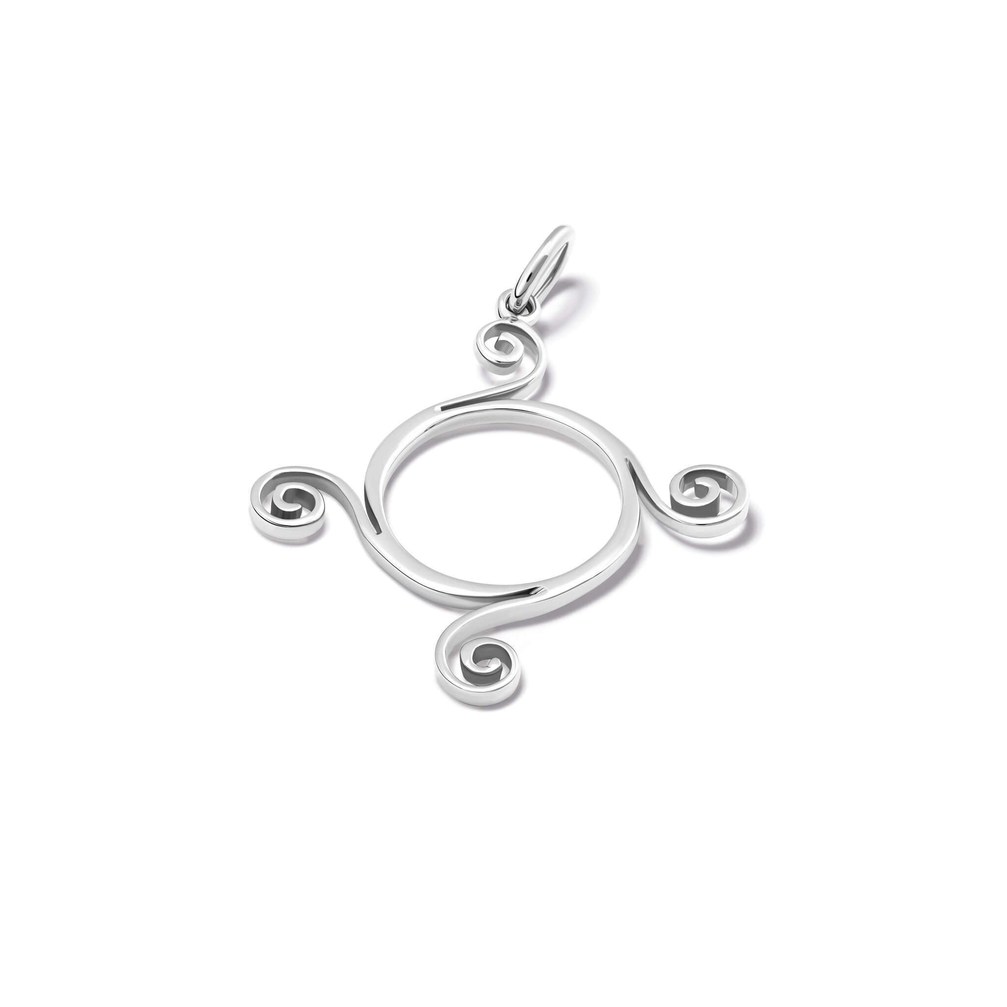 Handcrafted silver Athena necklace pendant with a circular shape and spiral at four points, hanging on silver chain.