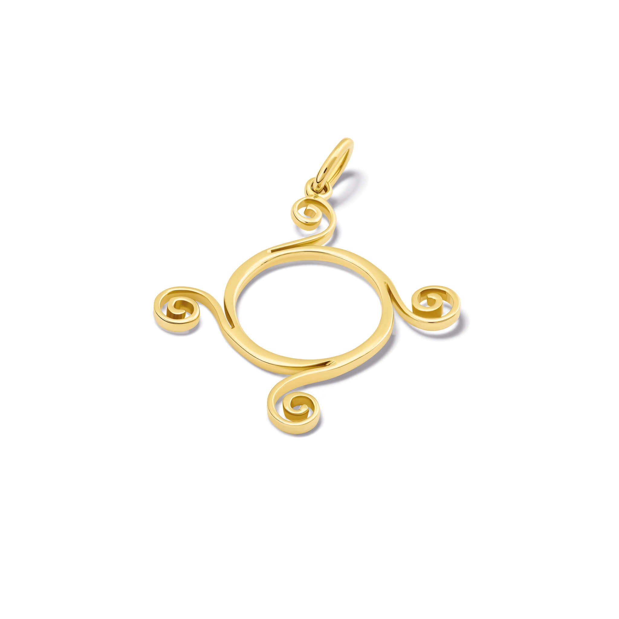 Handcrafted yellow gold Athena necklace pendant with a circular shape and spiral at four points, hanging on gold chain.