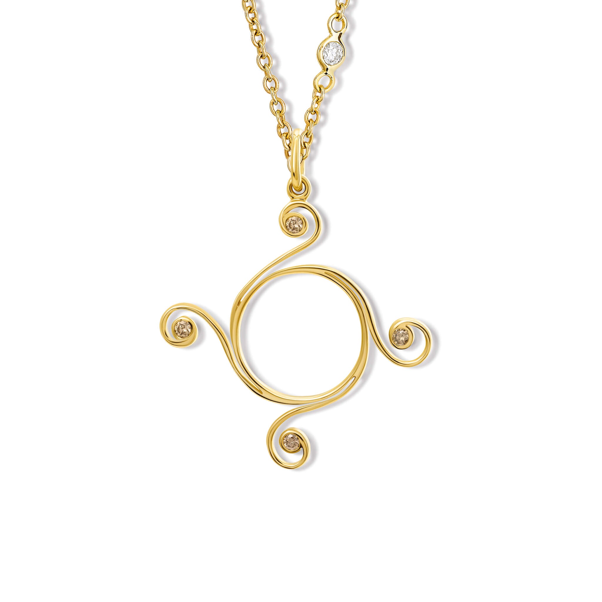 Handcrafted yellow gold Athena necklace pendant with a circular shape and spiral at four points, hanging on gold chain with brown diamonds.