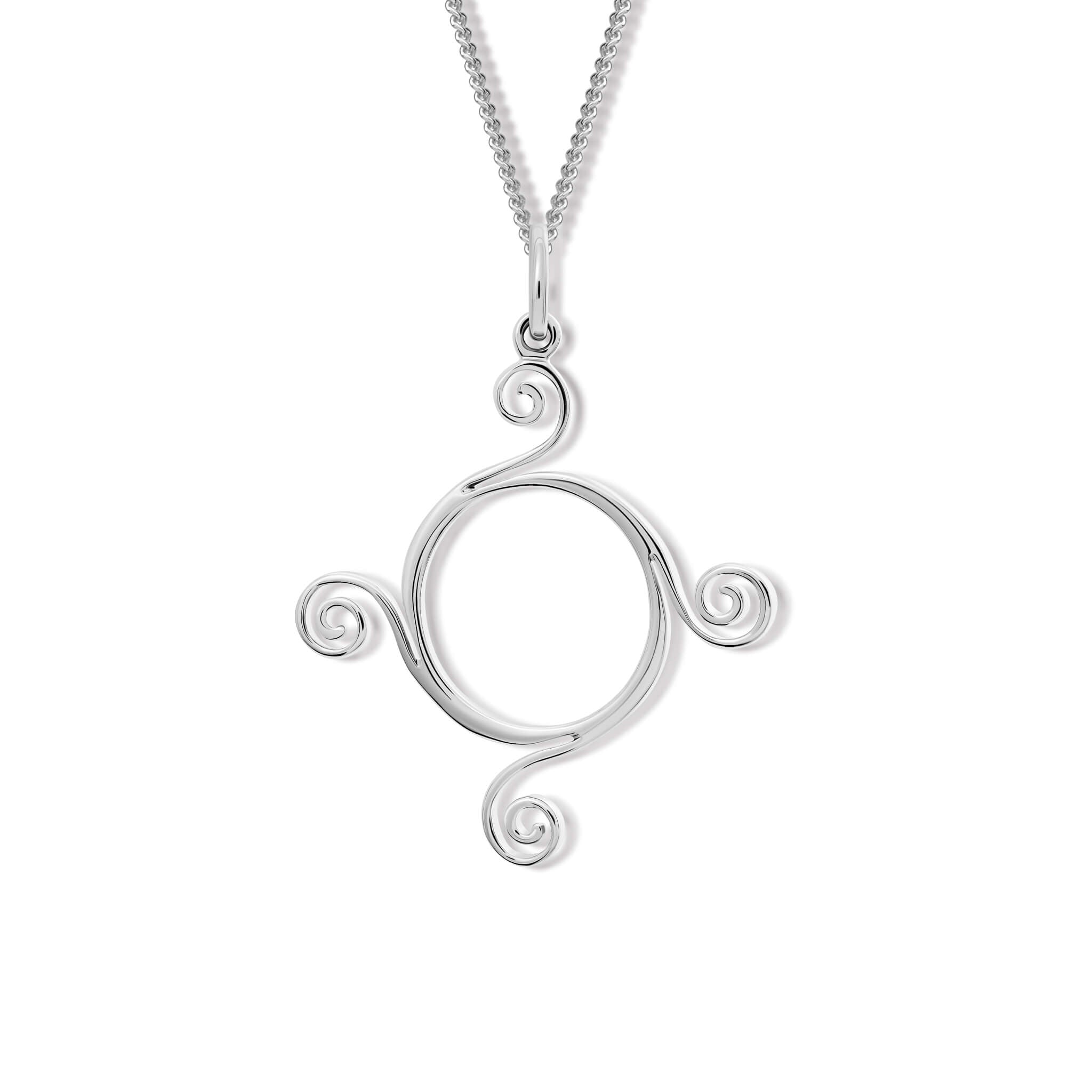 Handcrafted silver Athena necklace pendant with a circular shape and spiral at four points, hanging on silver chain.