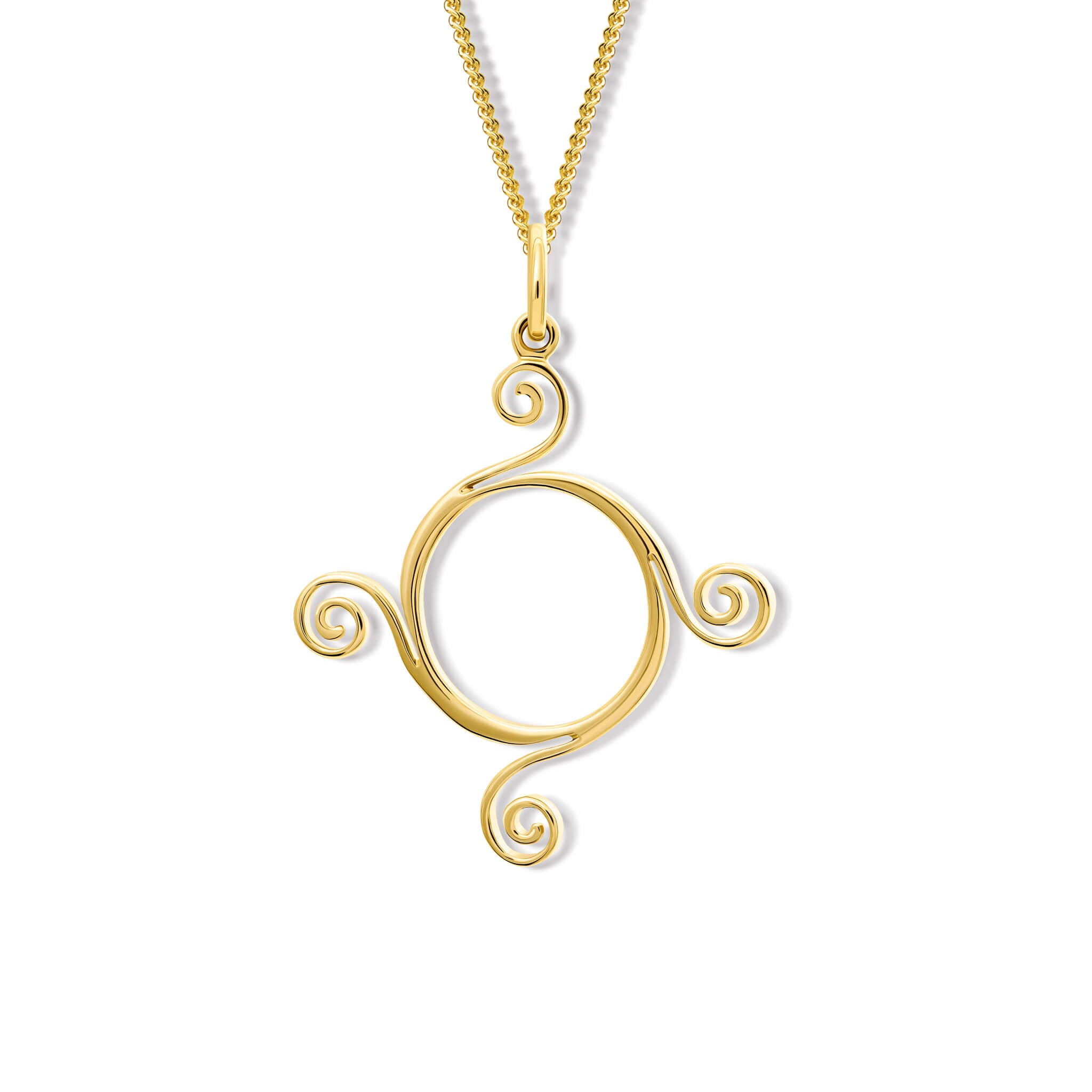 Handcrafted yellow gold Athena necklace pendant with a circular shape and spiral at four points, hanging on gold chain.