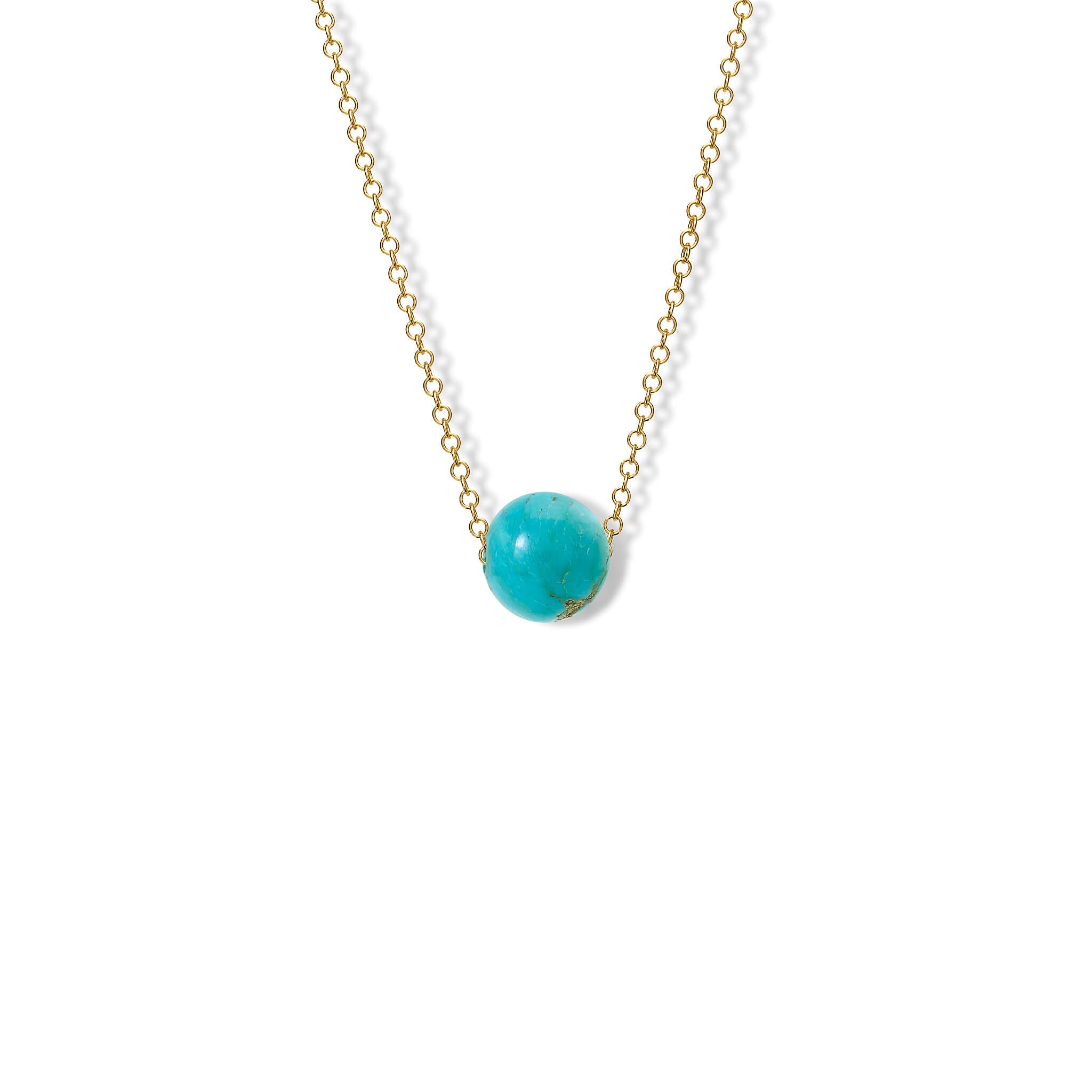 handcrafted Pelota necklace in 9ct yellow gold with turquoise, birthstone of December.