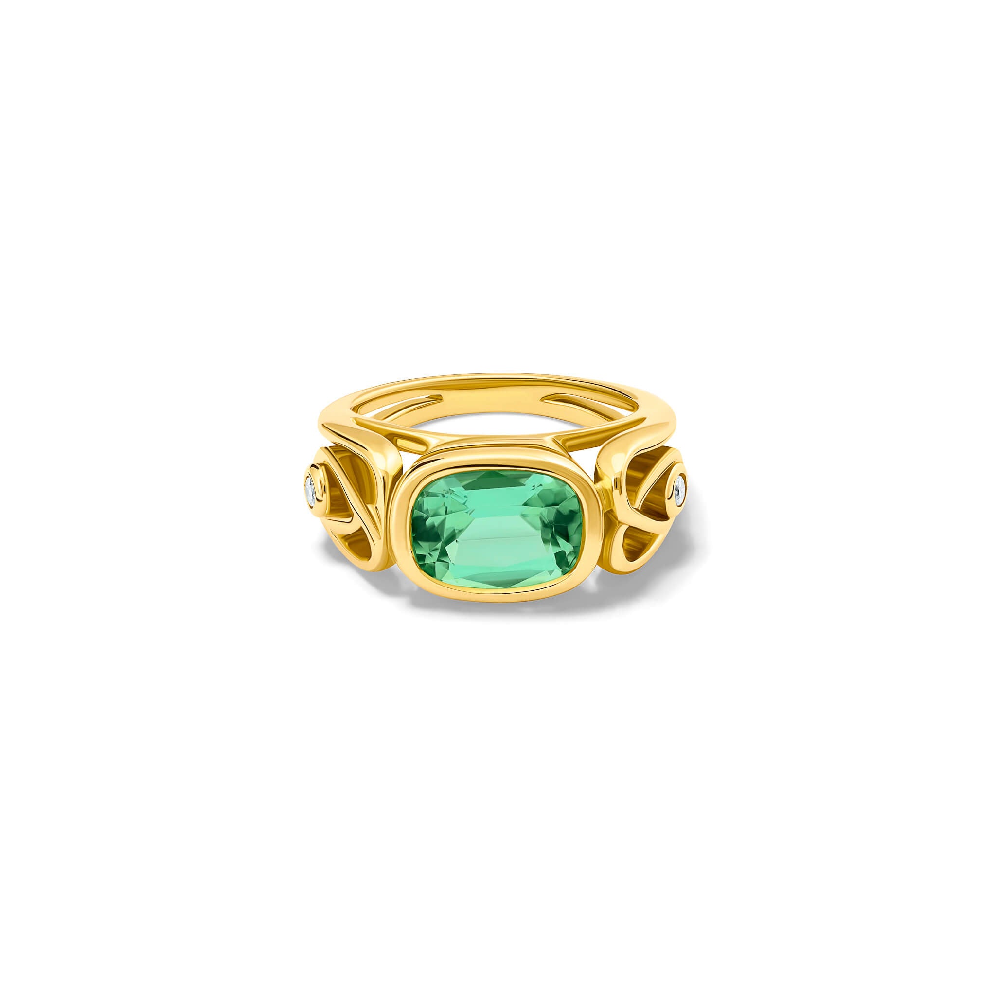 Handcrafted 18ct yellow gold ring featuring a cushion cut mint tourmaline and diamonds on either side with golden embellishments. 