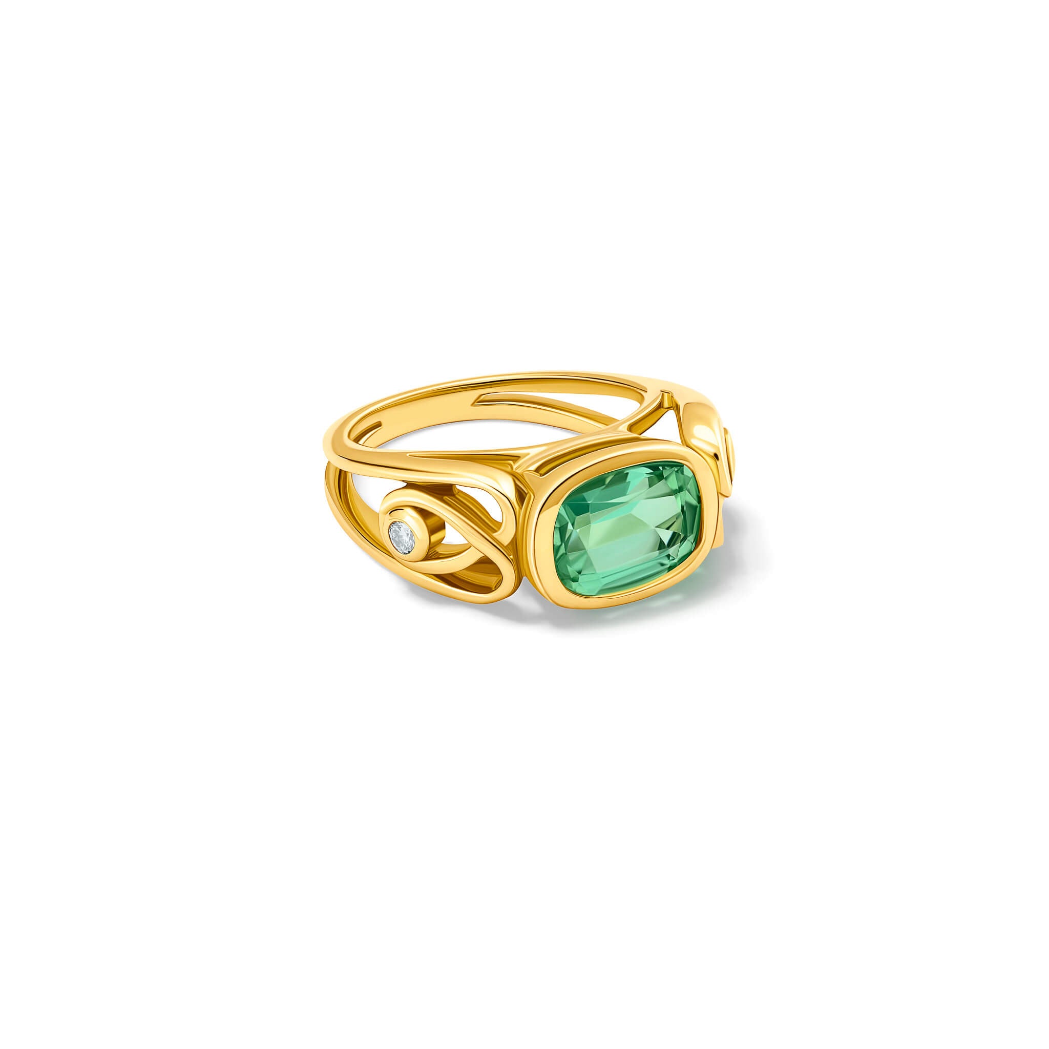 Handcrafted 18ct yellow gold ring featuring a cushion cut mint tourmaline and diamonds on either side with golden embellishments. 