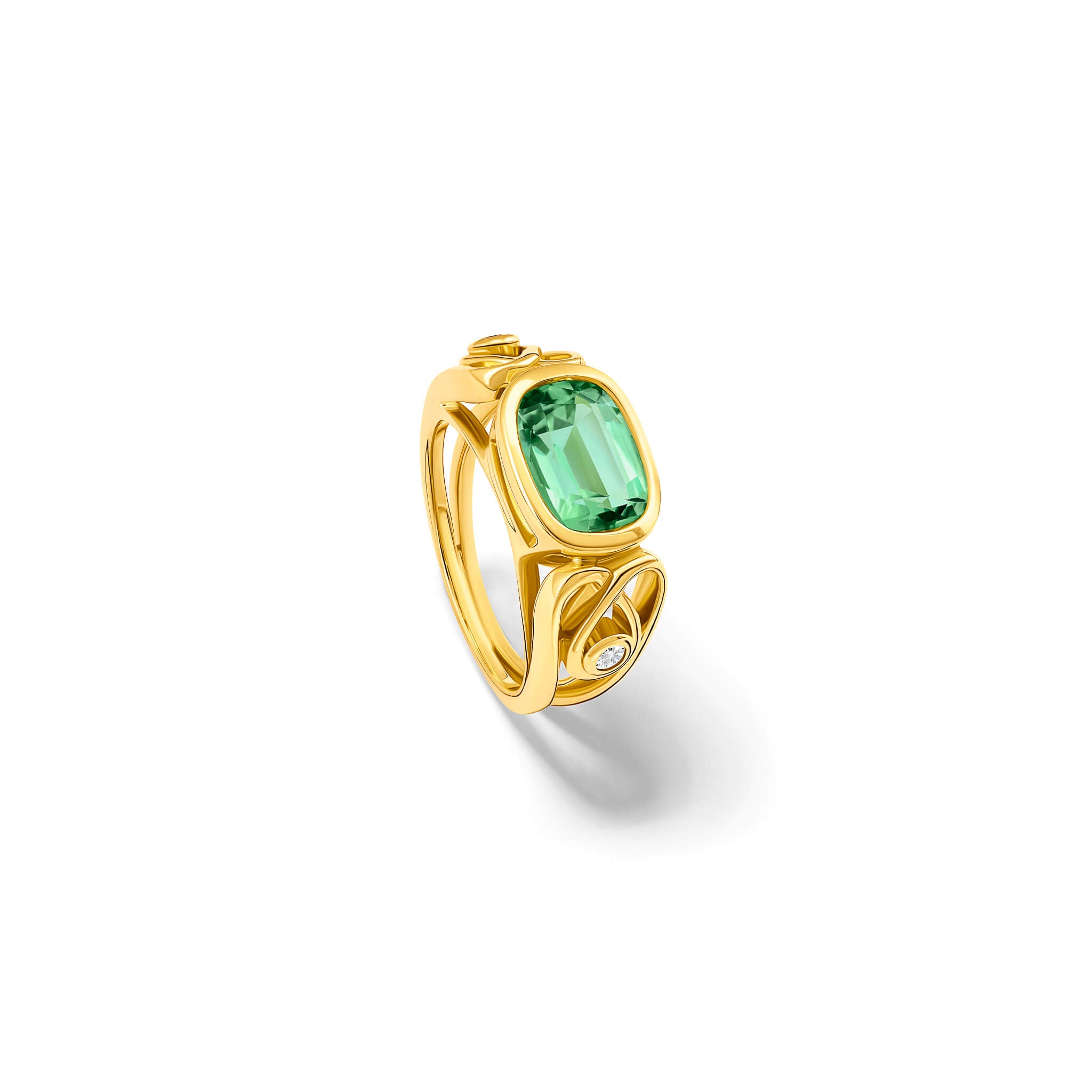 Handcrafted 18ct yellow gold ring featuring a cushion cut mint tourmaline and diamonds on either side with golden embellishments. 