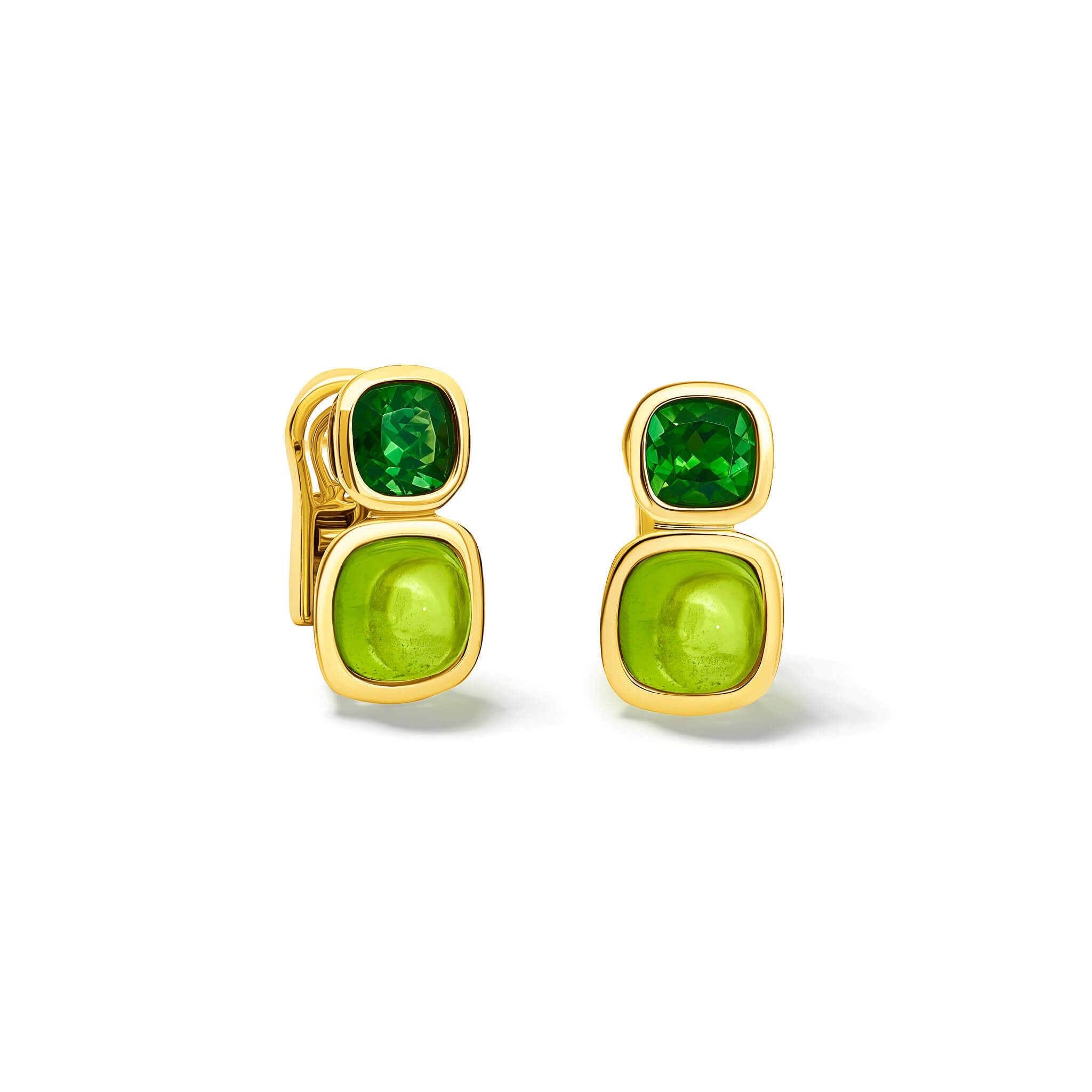 Handcrafted 18ct yellow gold square shaped earrings featuring green tourmaline and cabochon peridot gemstones.