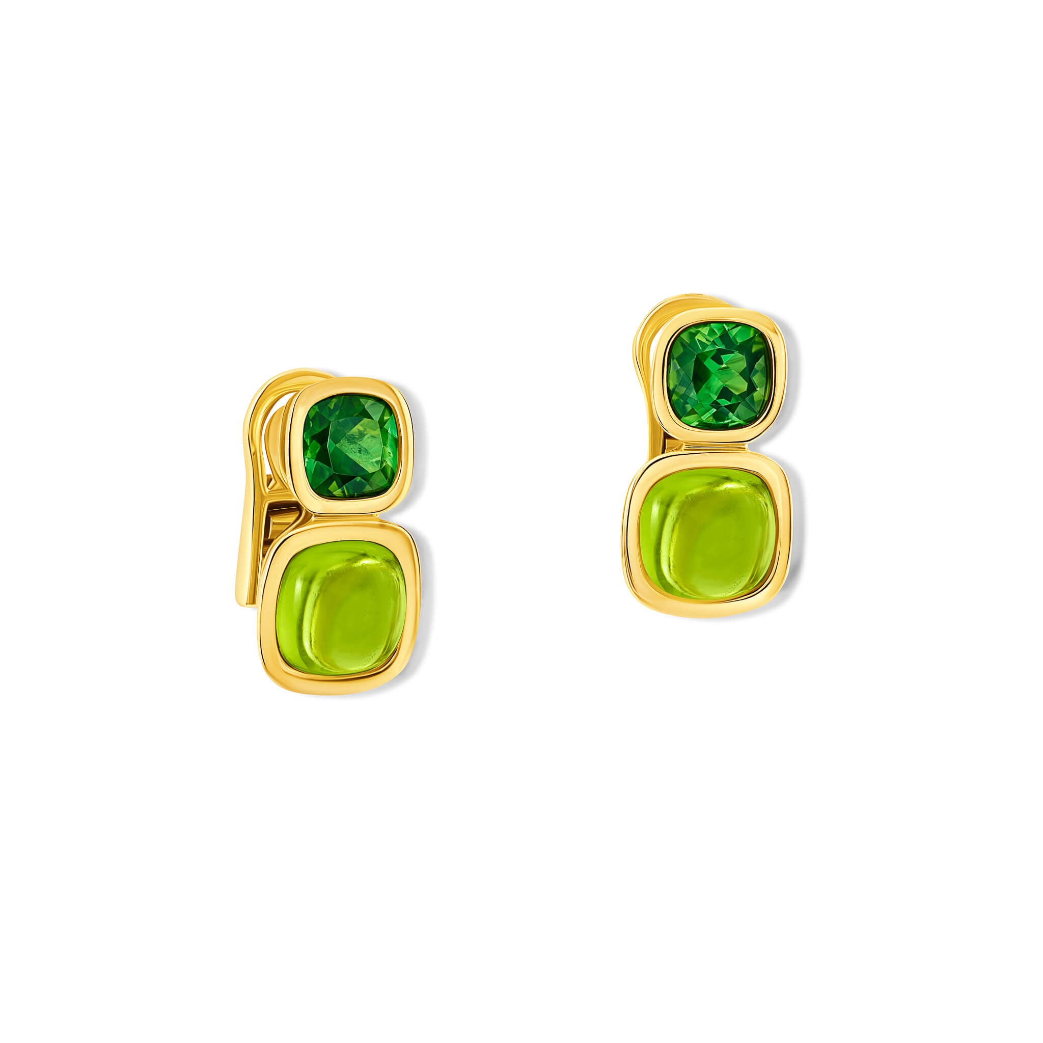 Handcrafted 18ct yellow gold square shaped earrings featuring green tourmaline and cabochon peridot gemstones.