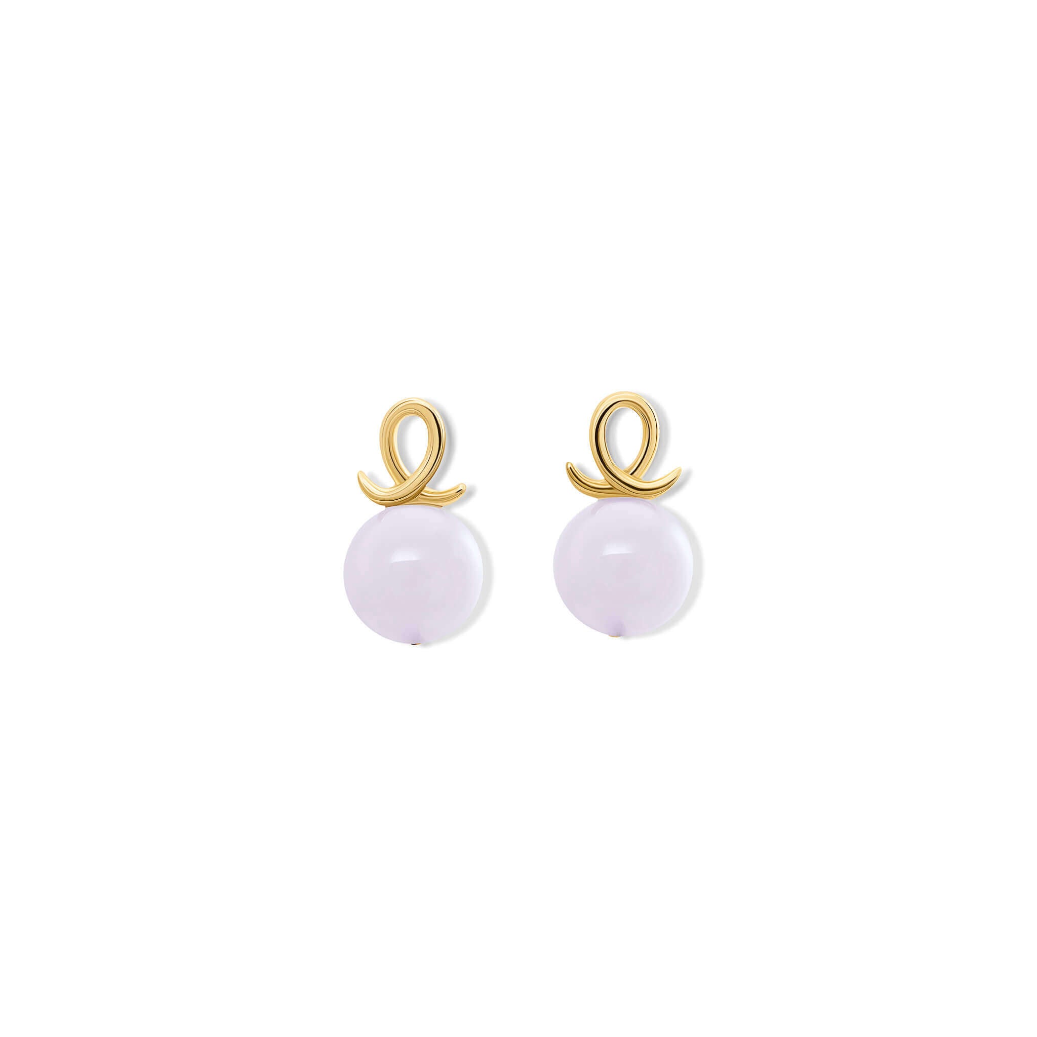 Handcrafted 9ct yellow gold earring drops with round blue chalcedony and an oval loop shape crossing over.