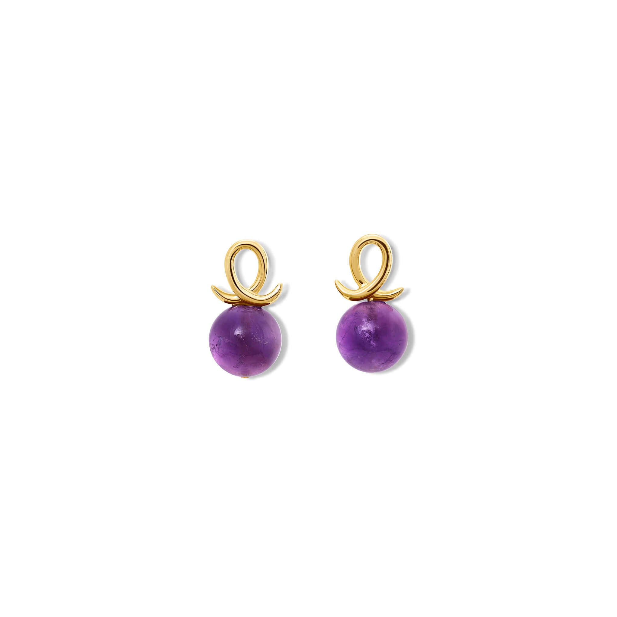 Handcrafted 9ct yellow gold earring drops with round amethyst and an oval loop shape crossing over.