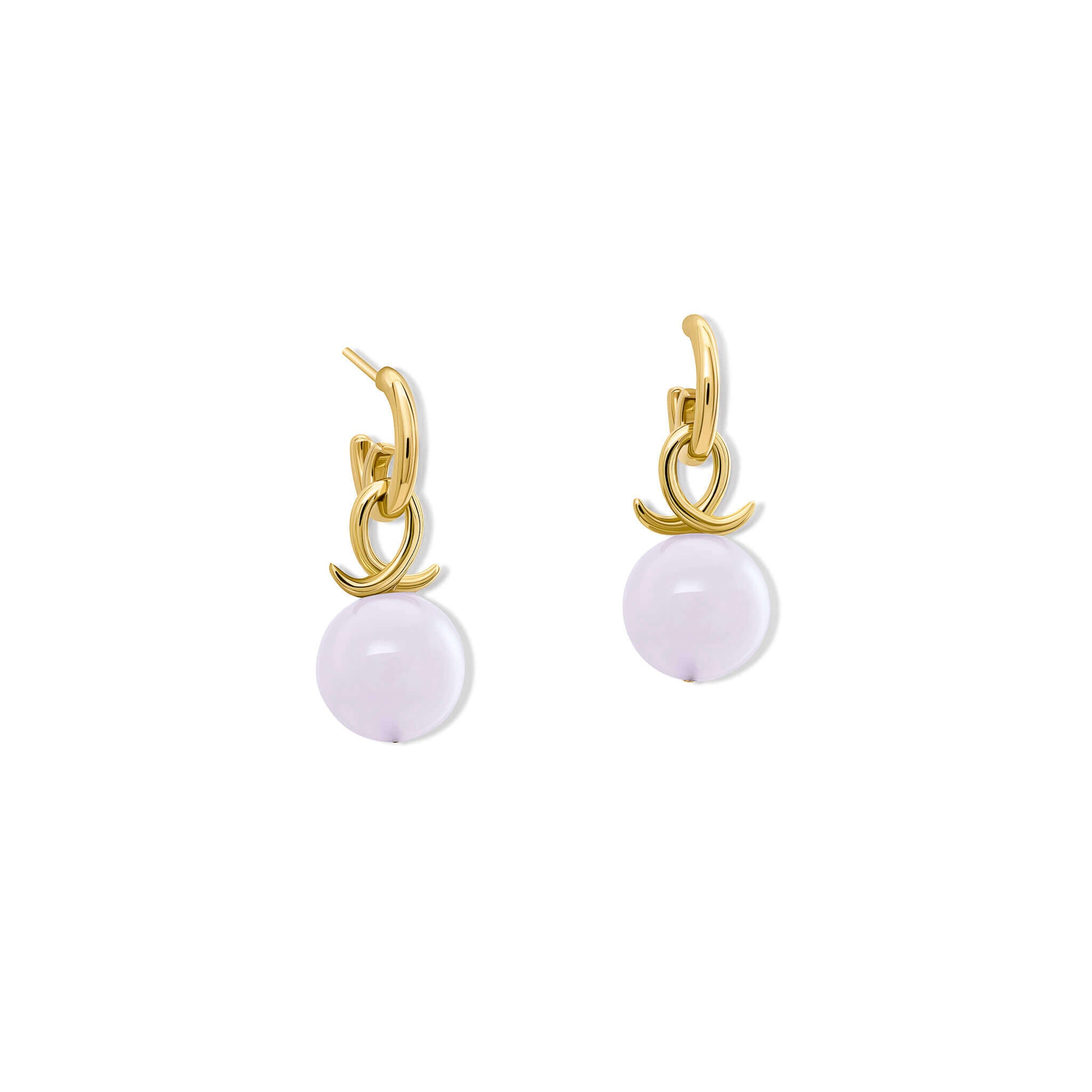 Handcrafted 9ct yellow gold earring drops with round blue chalcedony and an oval loop shape crossing over.