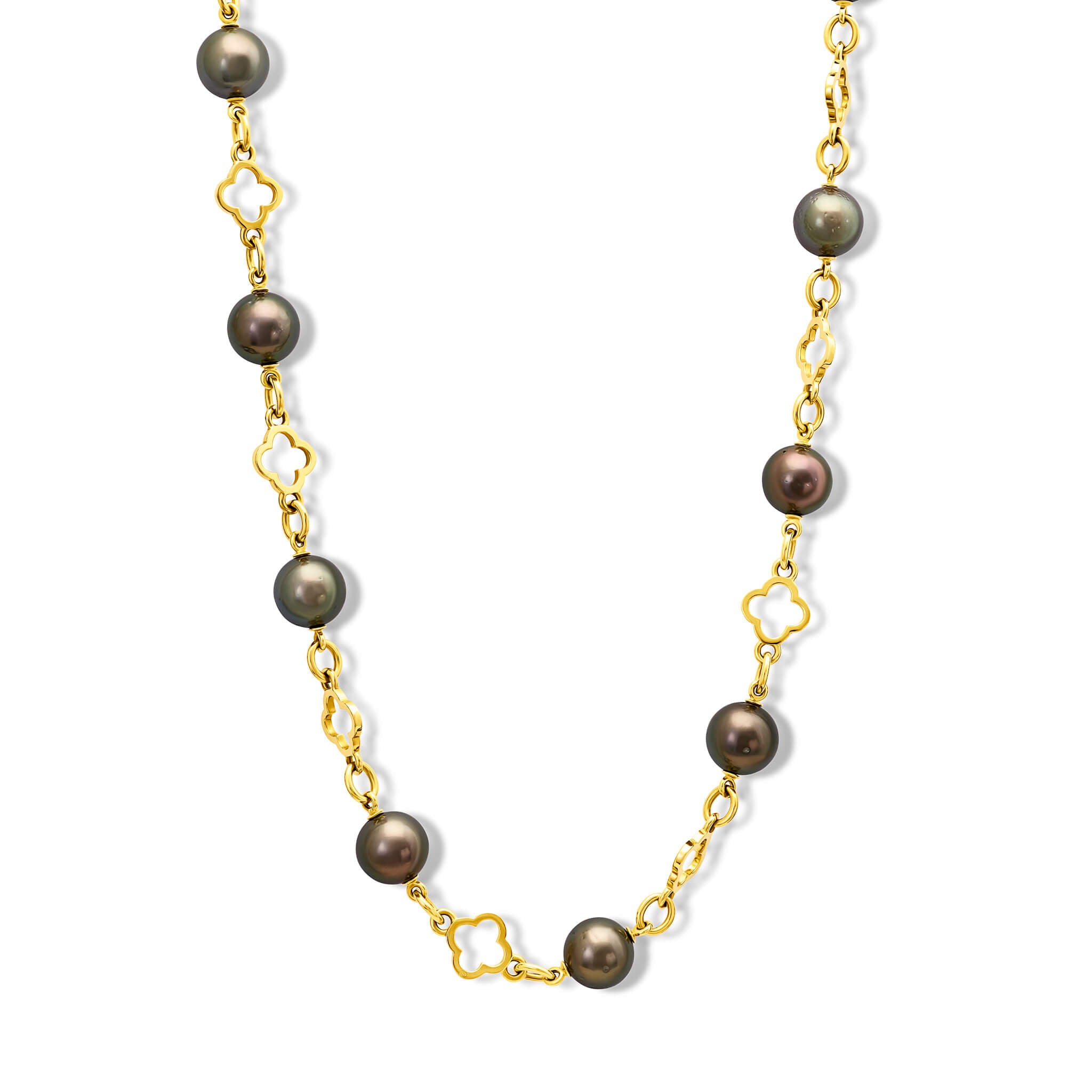 Handcrafted 18ct yellow gold necklace with alternating tahitian pearls and pierced gold motifs in the shape of a flower.